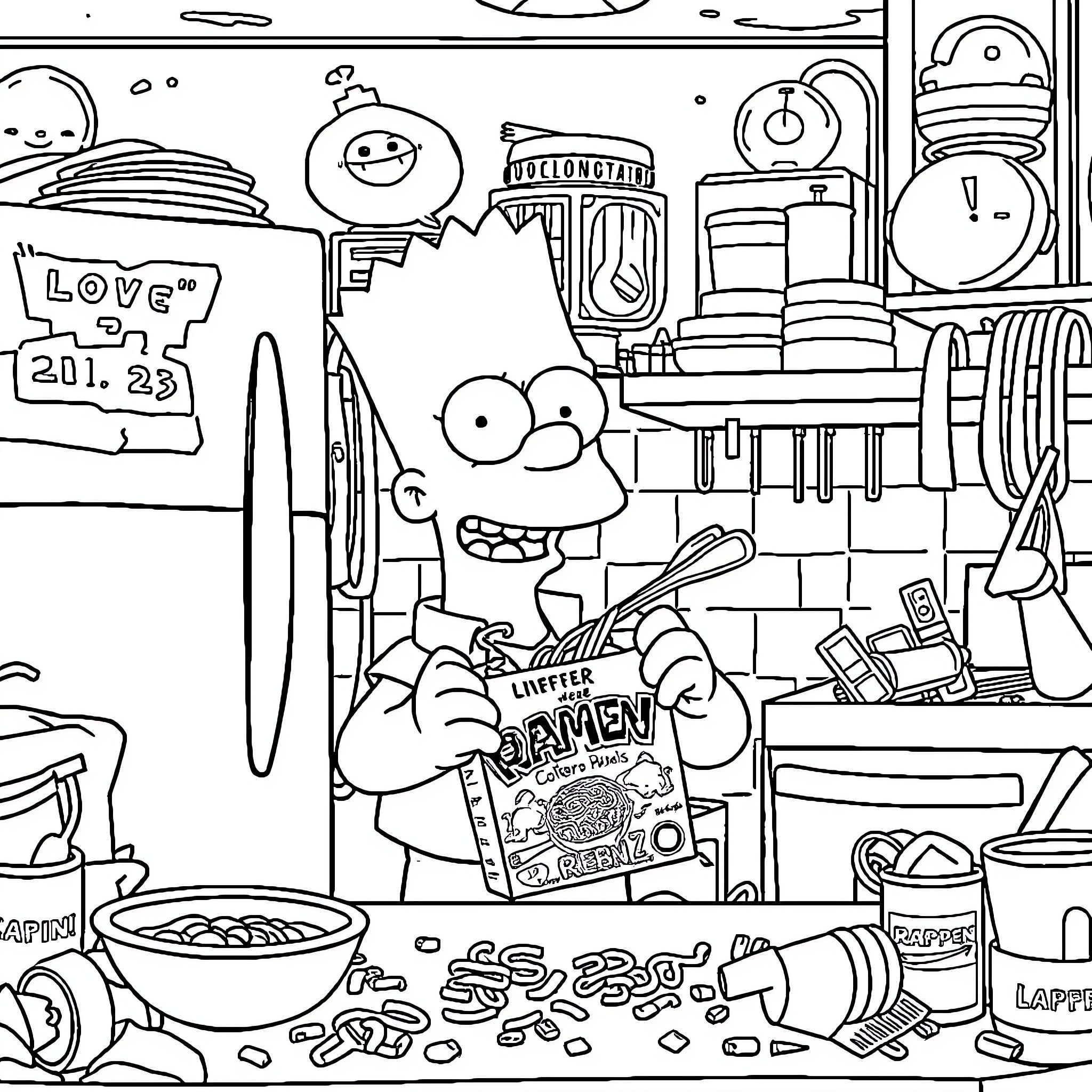 Bart's chaotic kitchen adventure Coloring Page (free black-and-white line drawing printable PDF for all, from beginners to advanced learners, including children, teens, adults, and seniors)