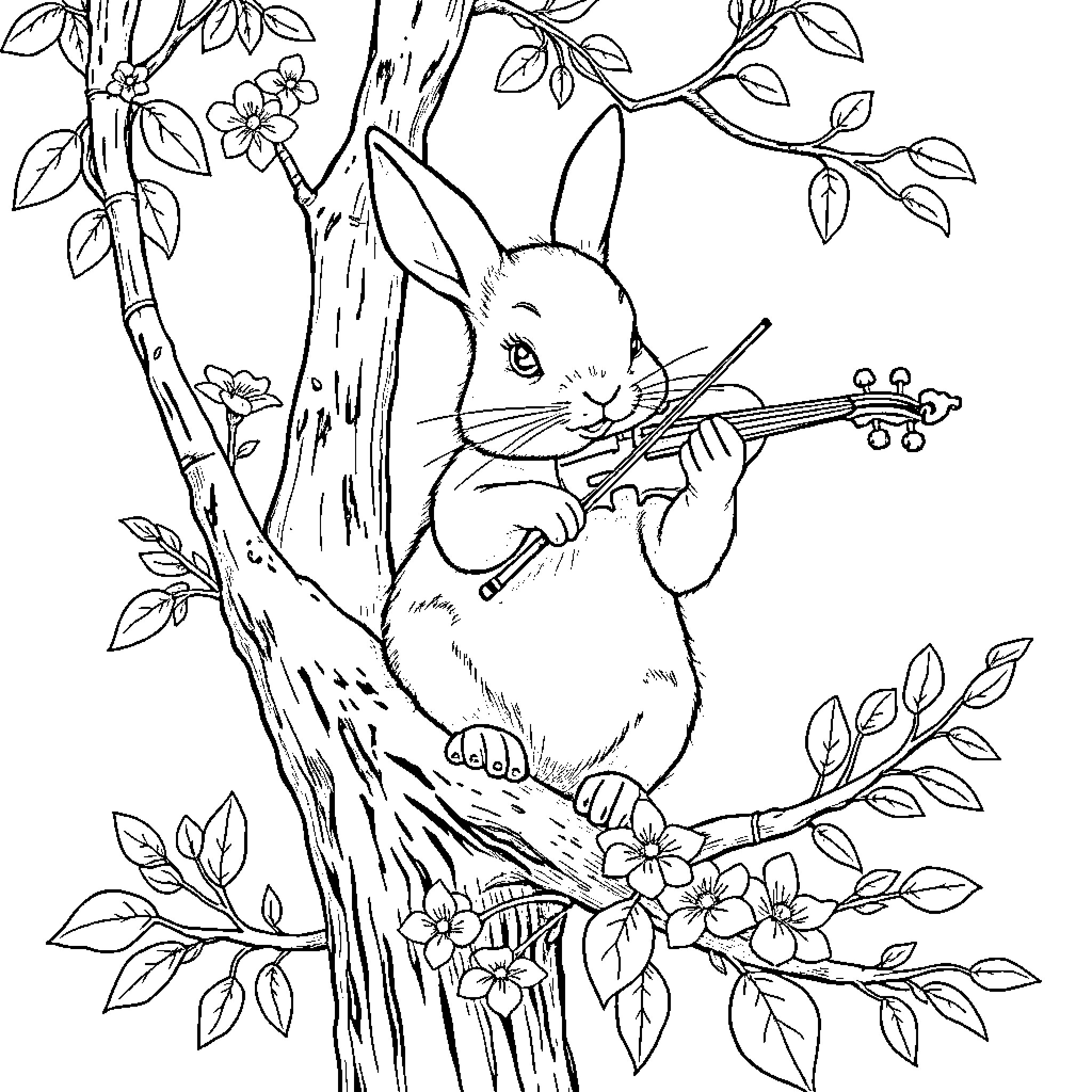 Lapin playing musical instrument in a floral scene Coloring Page (free black-and-white line drawing printable PDF for all, from beginners to advanced learners, including children, teens, adults, and seniors)