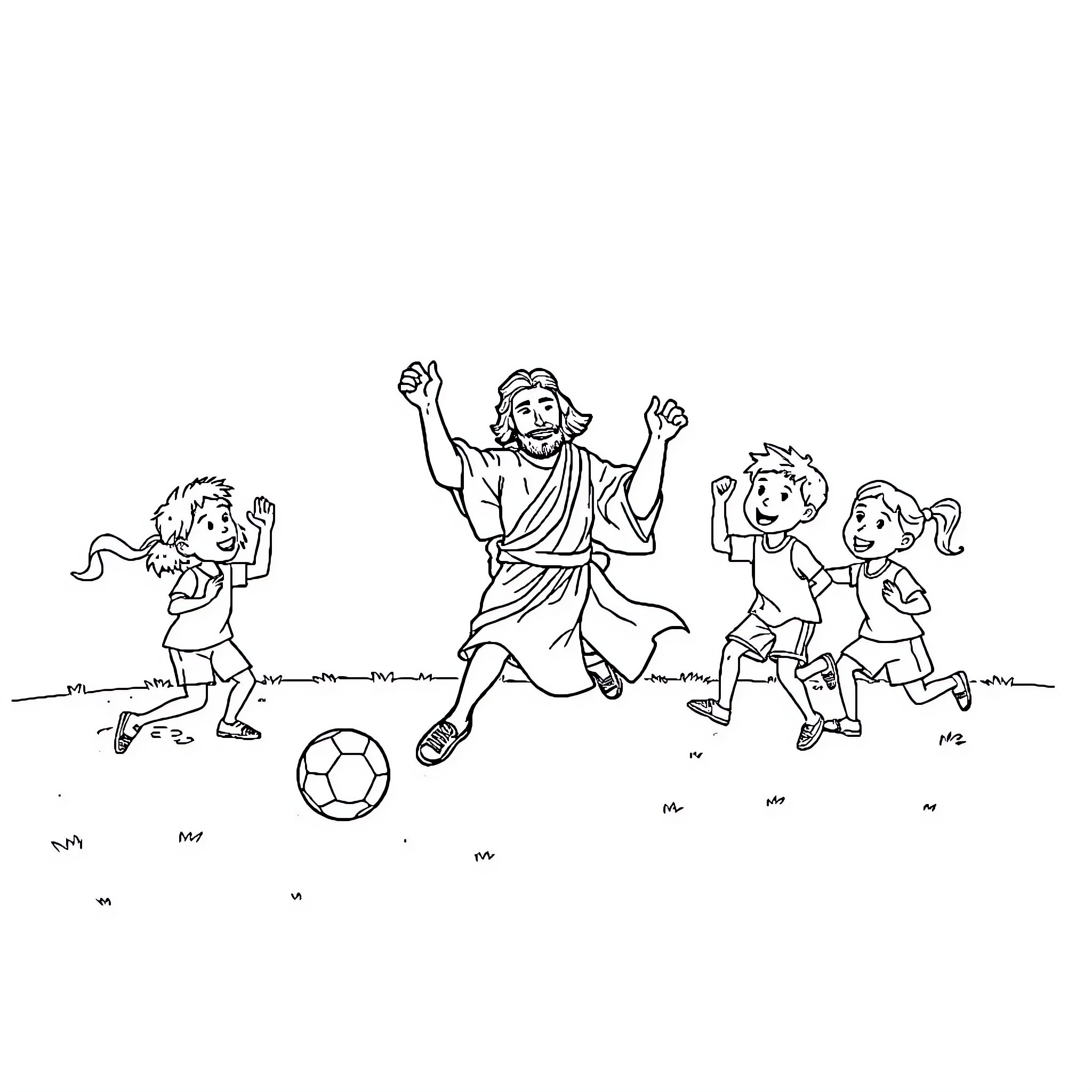 Jesus playing soccer joyfully with children Coloring Page (free black-and-white line drawing printable PDF for all, from beginners to advanced learners, including children, teens, adults, and seniors)