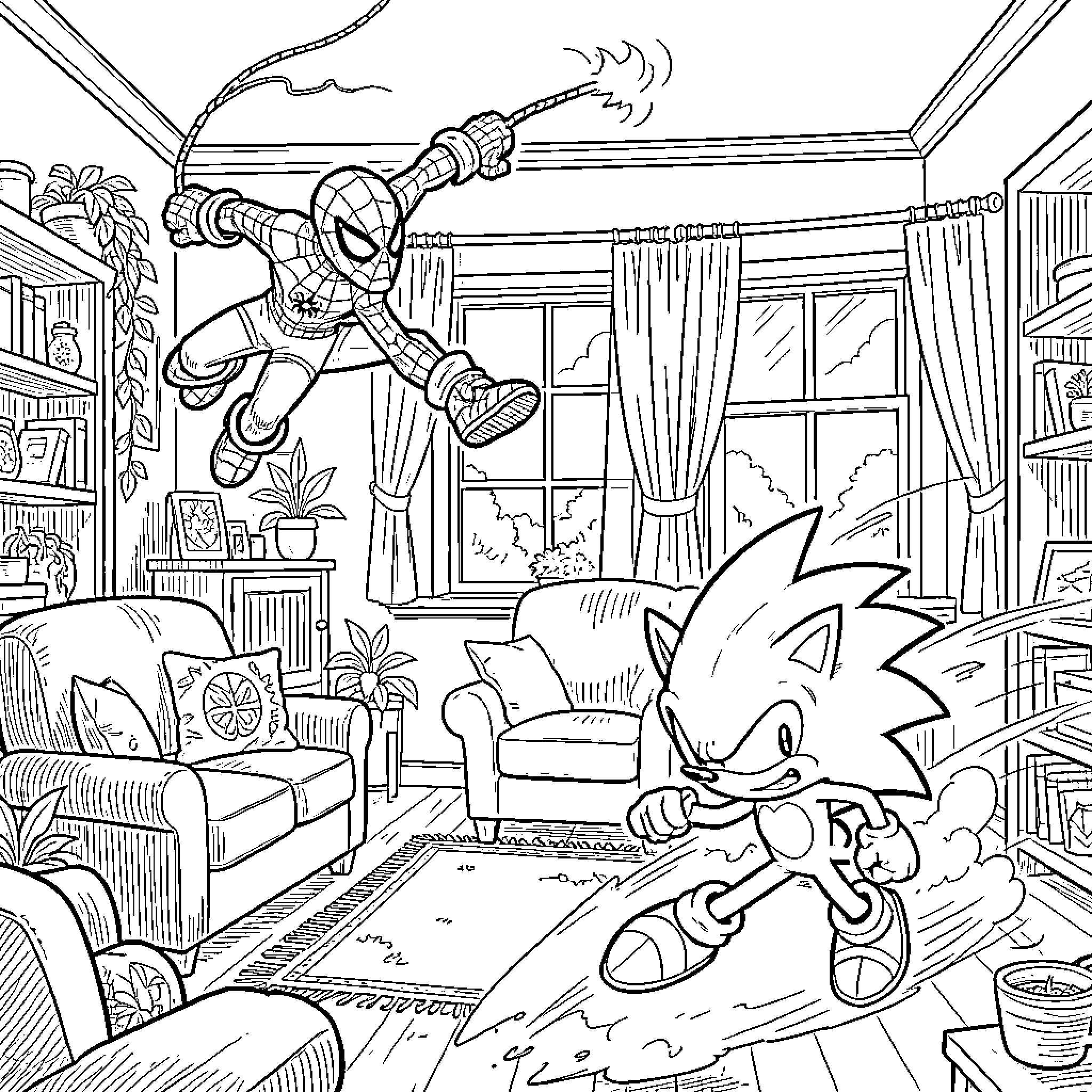 Spiderman swinging through a cozy indoor setting Coloring Page (free black-and-white line drawing printable PDF for all, from beginners to advanced learners, including children, teens, adults, and seniors)