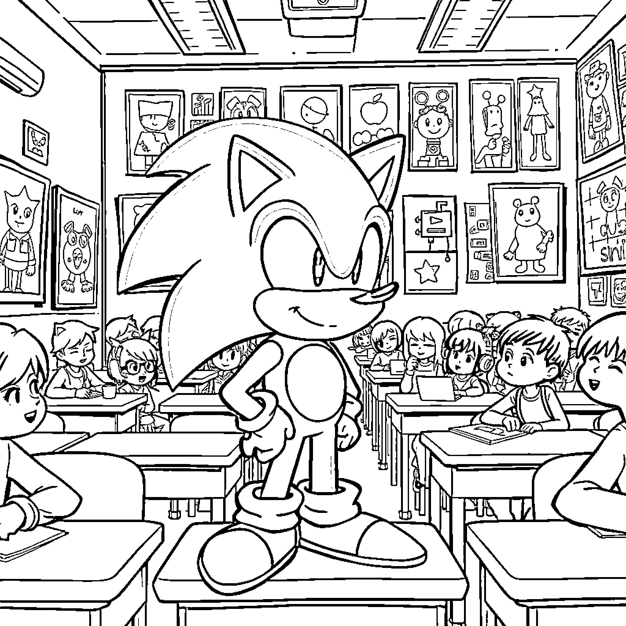 Sonic's Fun-Filled Classroom Adventure Coloring Page (free black-and-white line drawing printable PDF for all, from beginners to advanced learners, including children, teens, adults, and seniors)