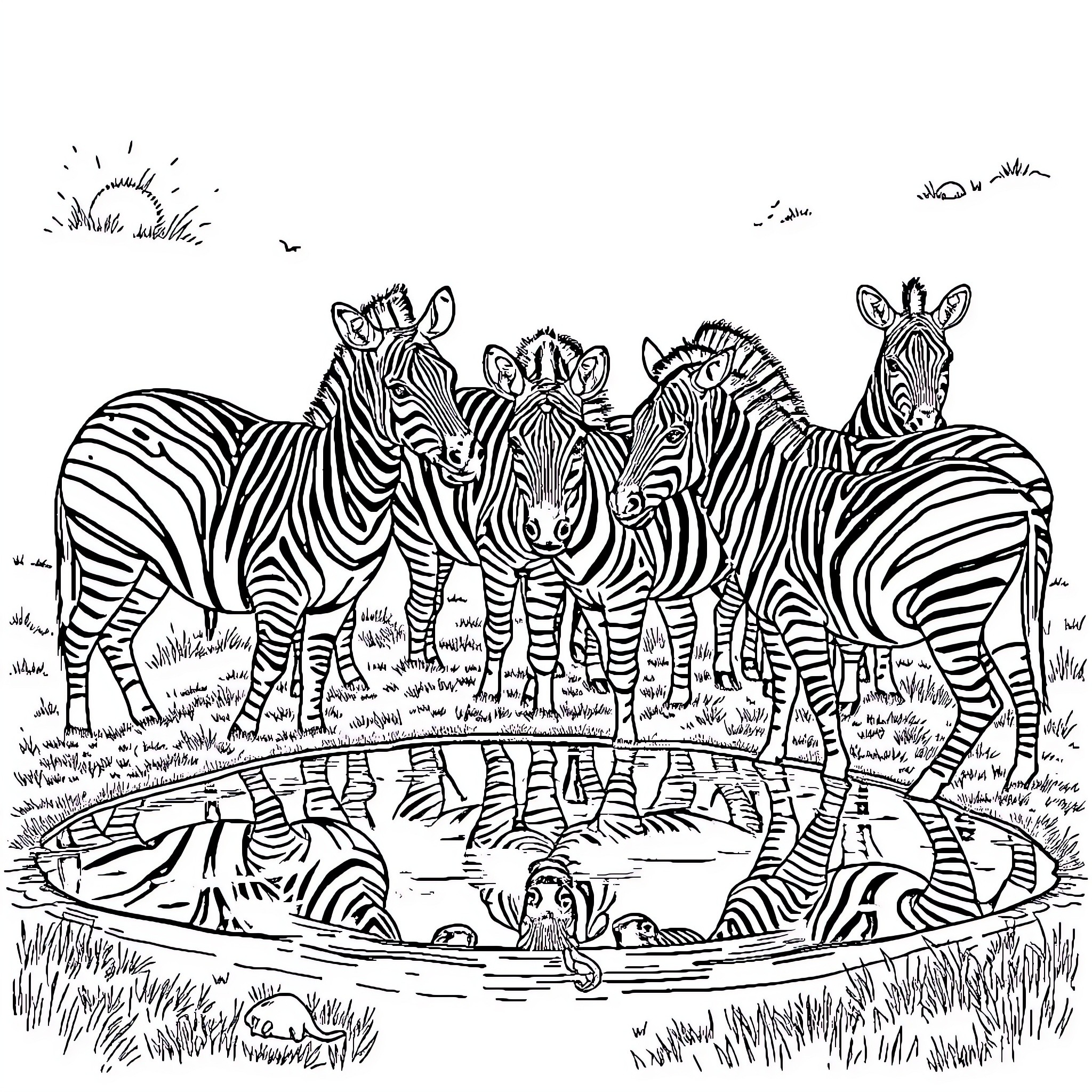 Zebra herd enjoying a watering hole in the wild Coloring Page (free black-and-white line drawing printable PDF for all, from beginners to advanced learners, including children, teens, adults, and seniors)