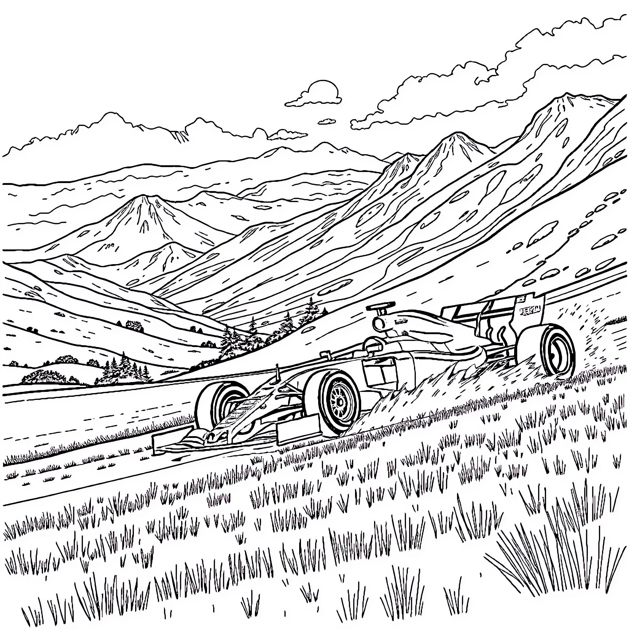 Formula 1 Car Racing Through Mountainous Terrain Coloring Page (free black-and-white line drawing printable PDF for all, from beginners to advanced learners, including children, teens, adults, and seniors)
