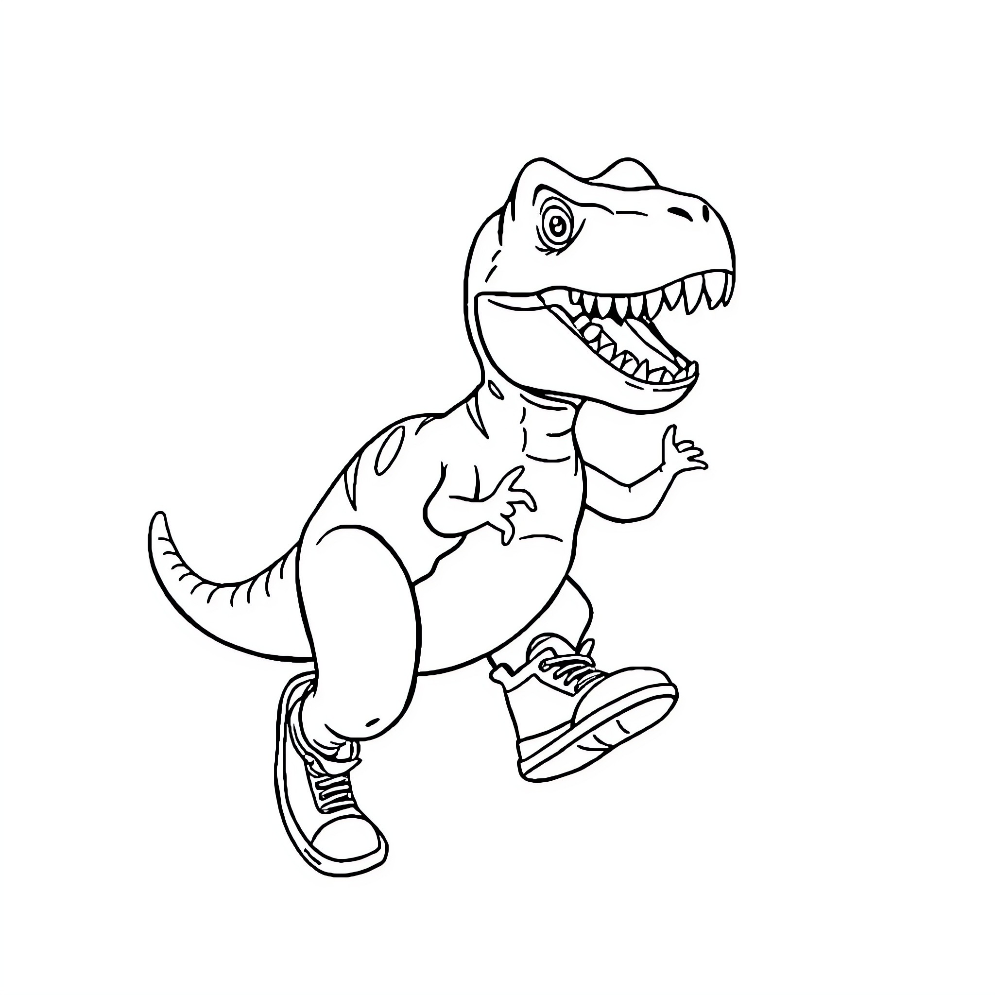 T-Rex playing happily in sneakers Coloring Page (free black-and-white line drawing printable PDF for all, from beginners to advanced learners, including children, teens, adults, and seniors)