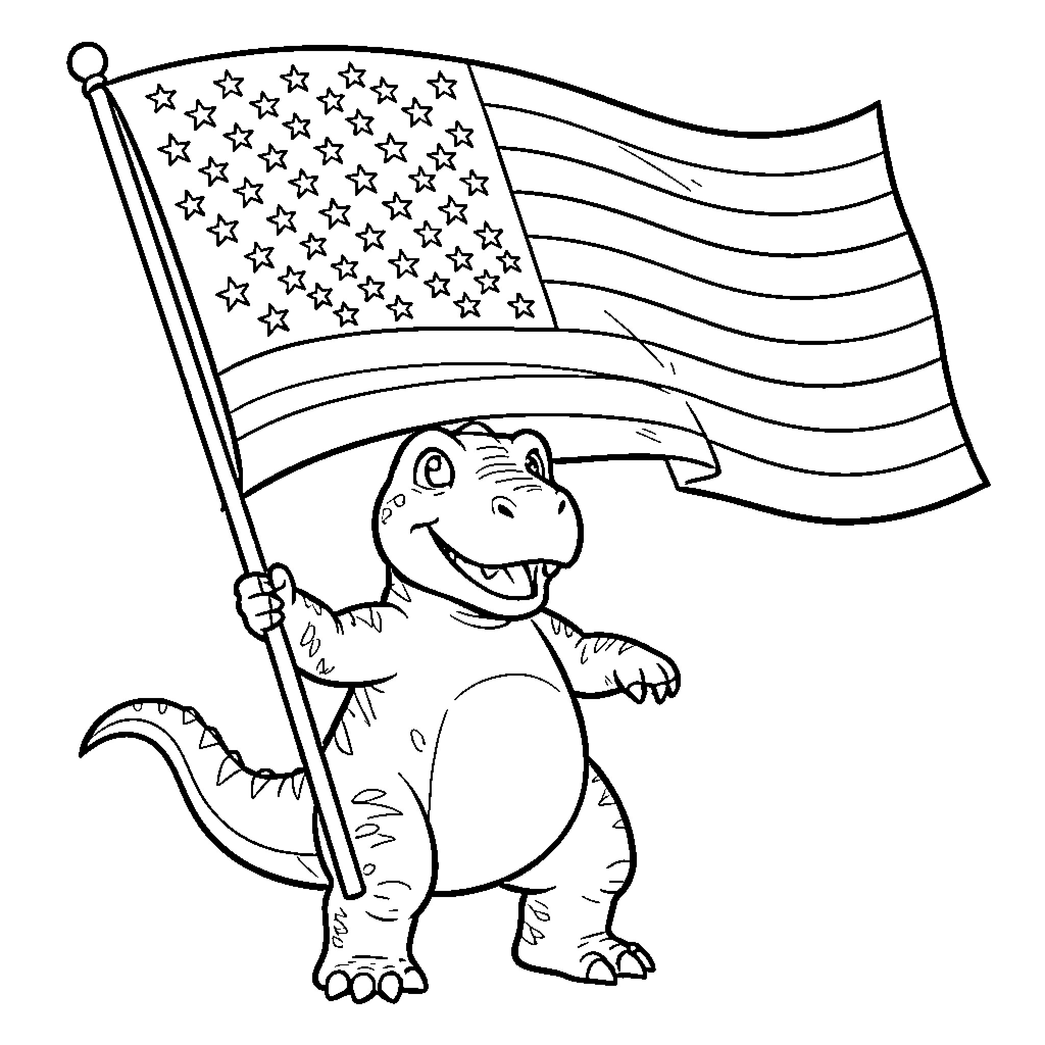 Dinosaur holding American flag Coloring Page (free black-and-white line drawing printable PDF for all, from beginners to advanced learners, including children, teens, adults, and seniors)