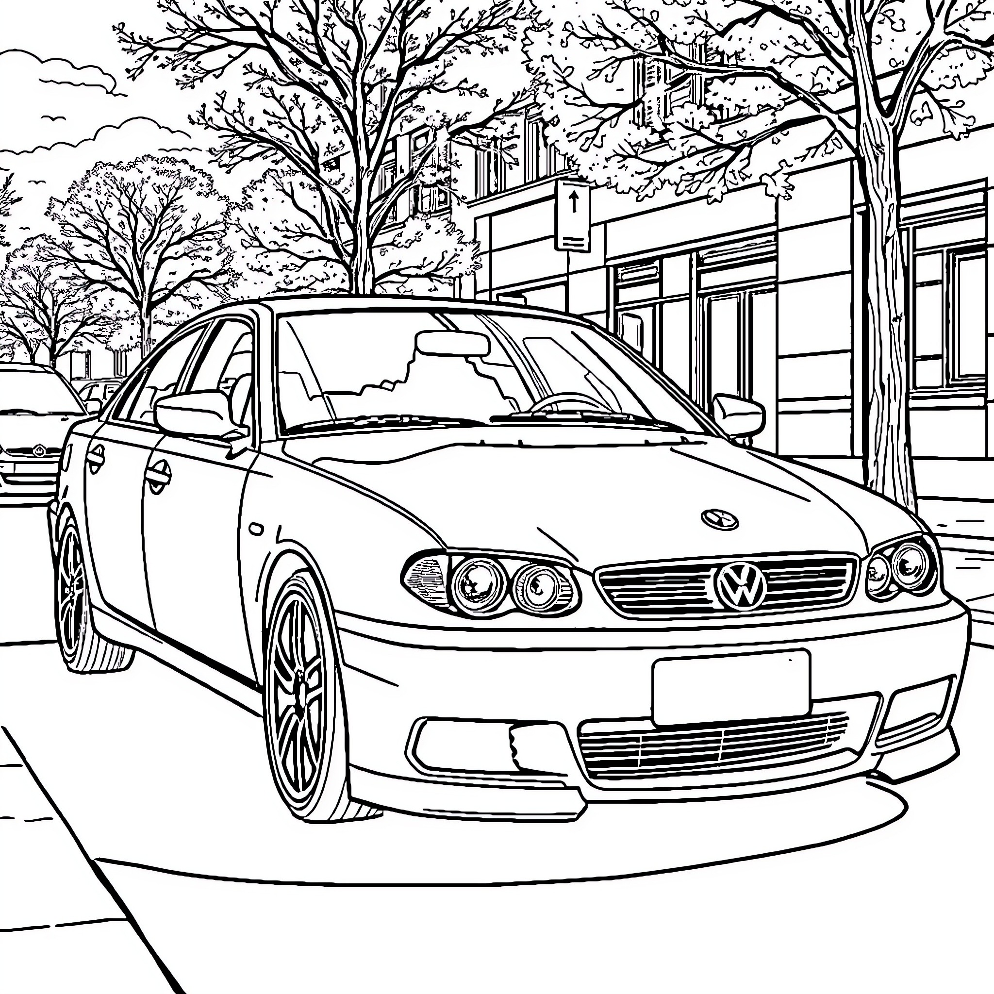 Car parked on city street with trees Coloring Page (free black-and-white line drawing printable PDF for all, from beginners to advanced learners, including children, teens, adults, and seniors)
