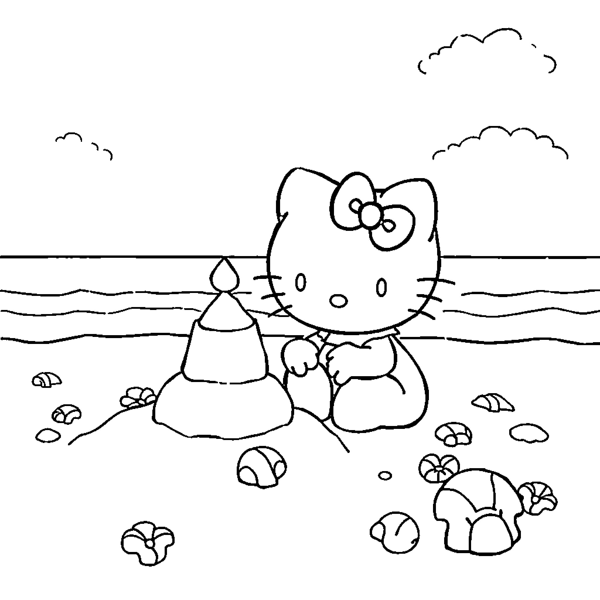 Hello Kitty playing on the beach Coloring Page (free black-and-white line drawing printable PDF for all, from beginners to advanced learners, including children, teens, adults, and seniors)