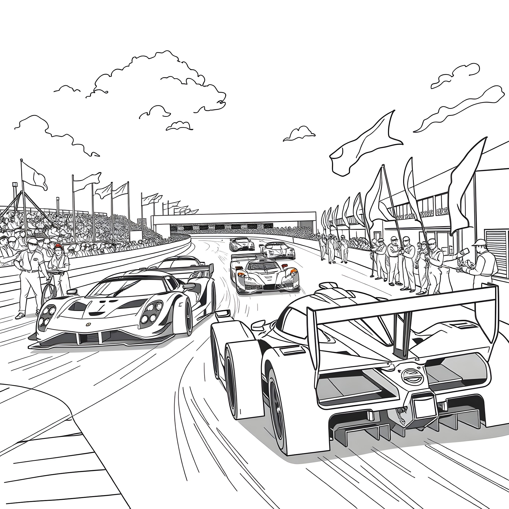 Motorsports race with speeding cars and enthusiastic crowds Coloring Page (free black-and-white line drawing printable PDF for all, from beginners to advanced learners, including children, teens, adults, and seniors)