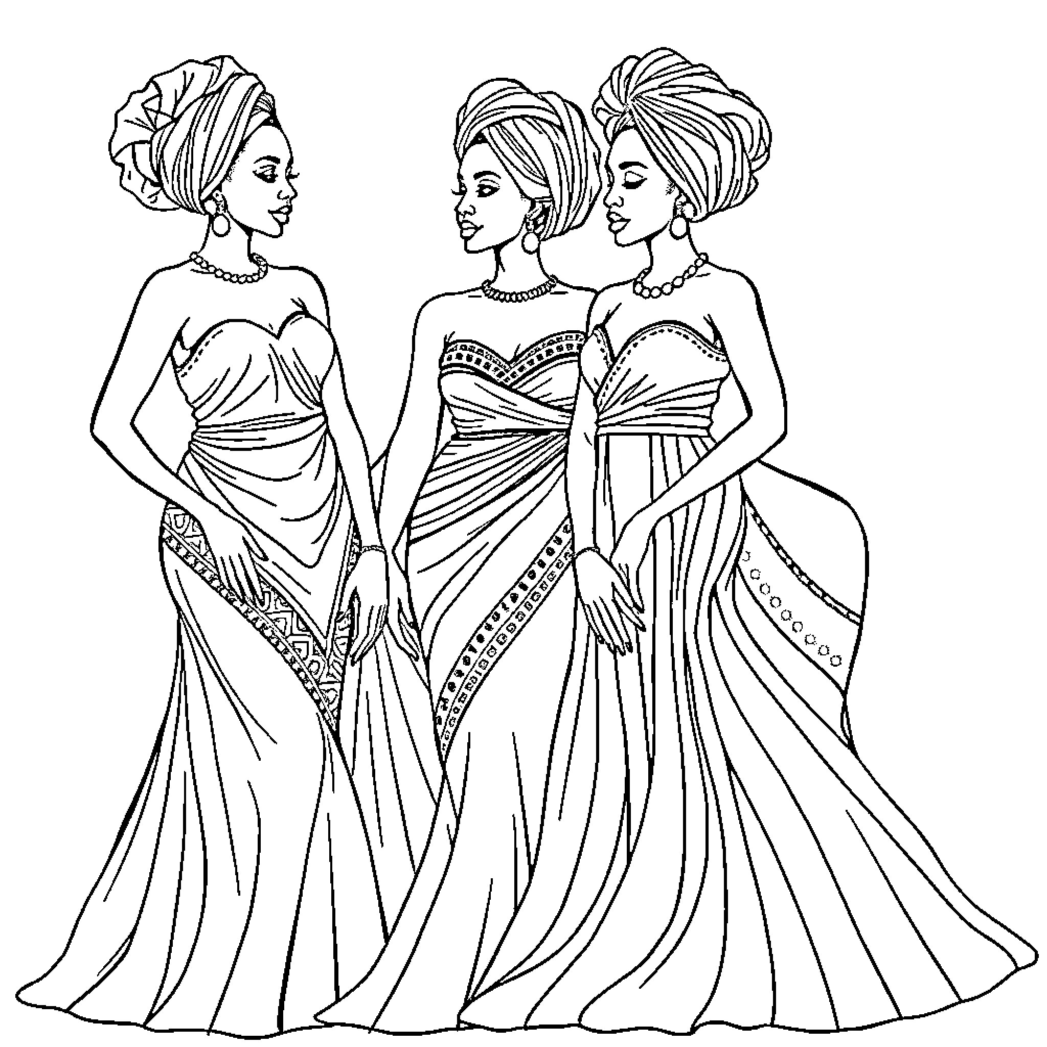 Women in Elegant Flowing Dresses Coloring Page (free black-and-white line drawing printable PDF for all, from beginners to advanced learners, including children, teens, adults, and seniors)