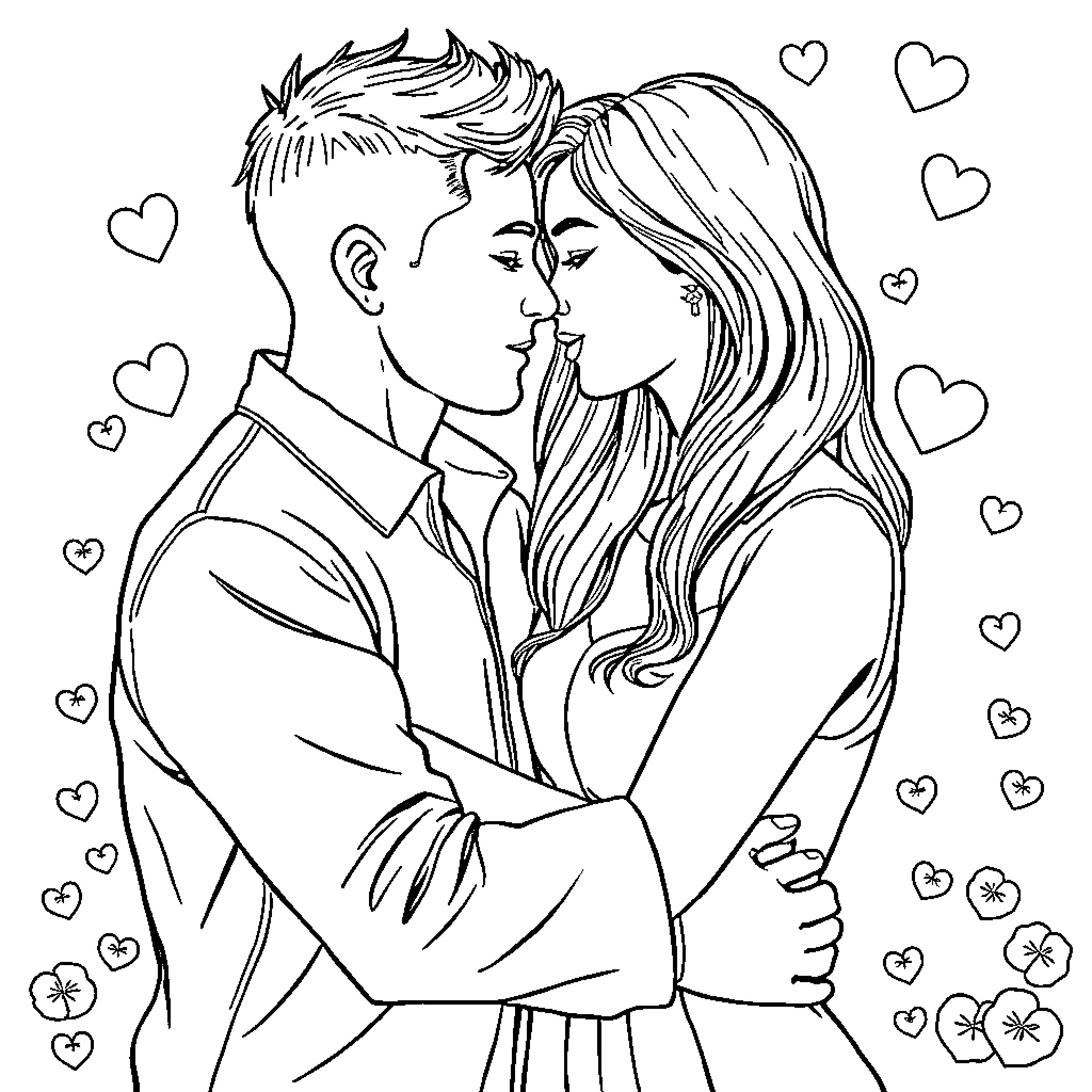 Love in Each Other's Embrace Coloring Page (free black-and-white line drawing printable PDF for all, from beginners to advanced learners, including children, teens, adults, and seniors)