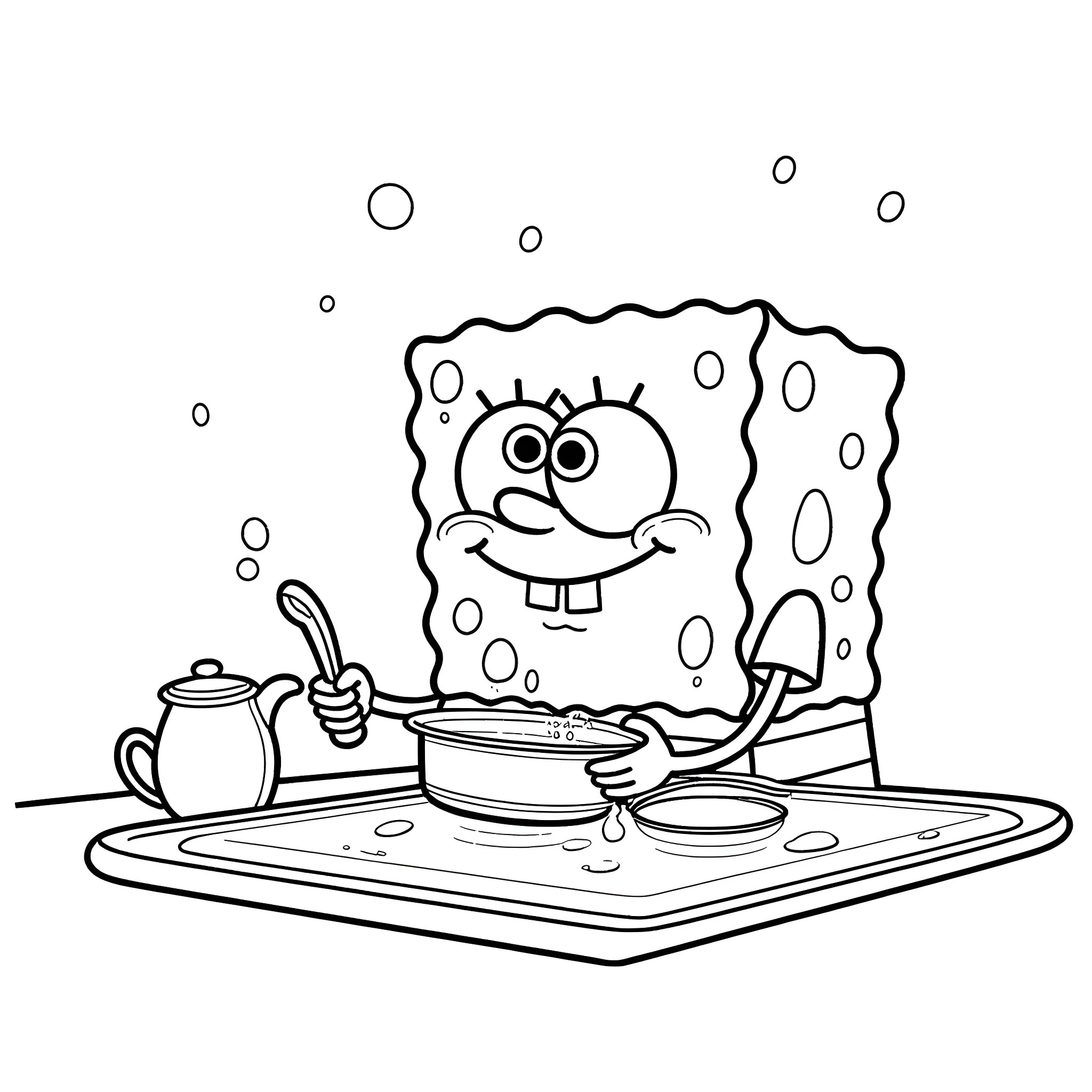 Spongebob preparing a tasty meal in the kitchen Coloring Page (free black-and-white line drawing printable PDF for all, from beginners to advanced learners, including children, teens, adults, and seniors)
