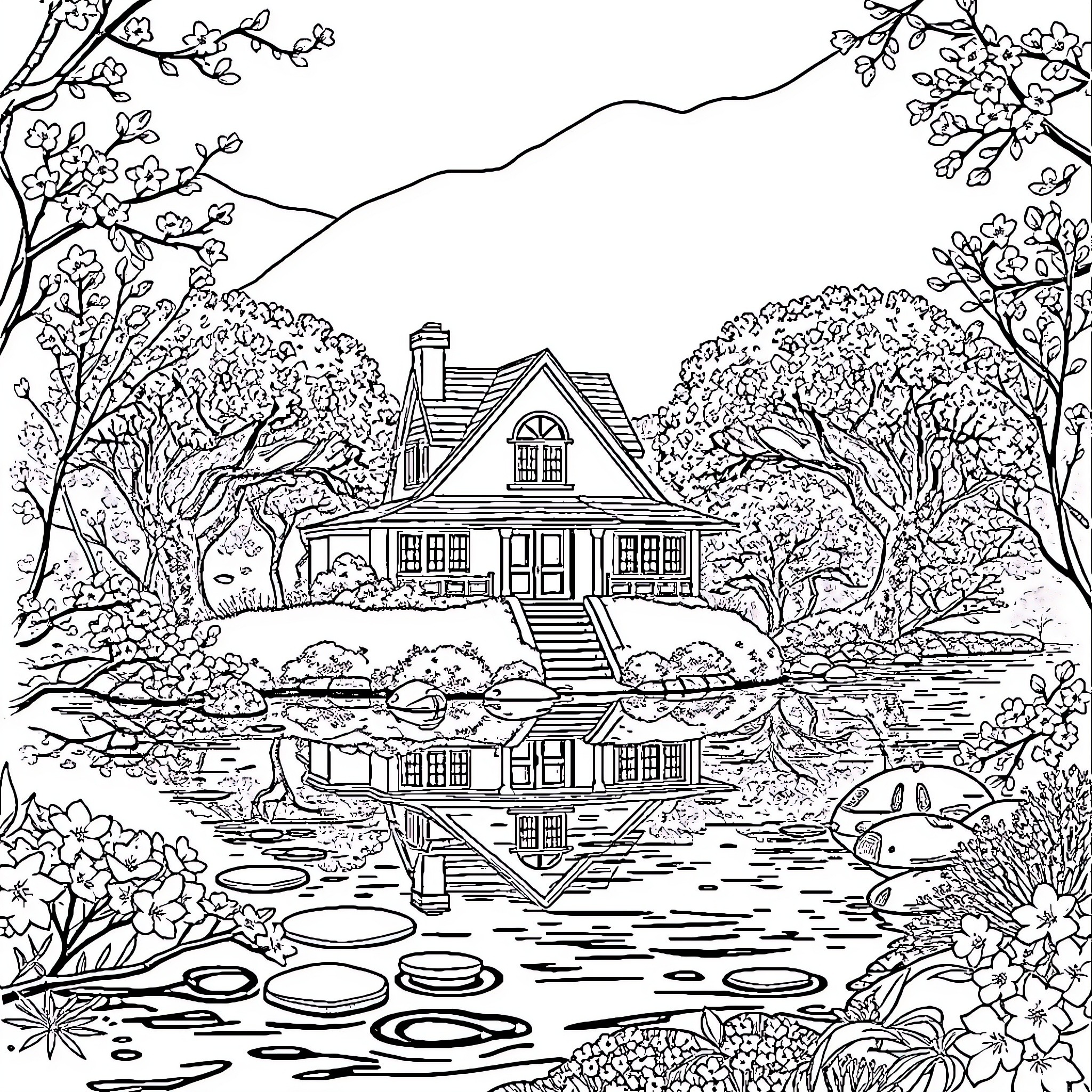 House in a Serene Woodland Landscape Coloring Page (free black-and-white line drawing printable PDF for all, from beginners to advanced learners, including children, teens, adults, and seniors)