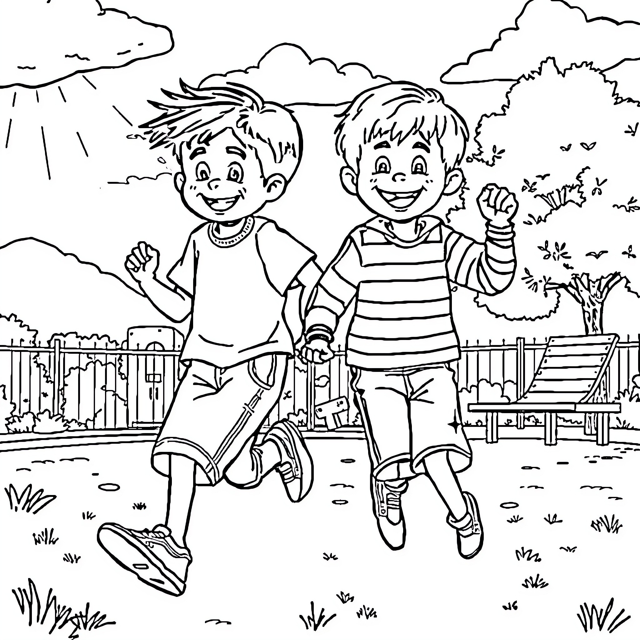 Jason and his friend playing joyfully outdoors Coloring Page (free black-and-white line drawing printable PDF for all, from beginners to advanced learners, including children, teens, adults, and seniors)