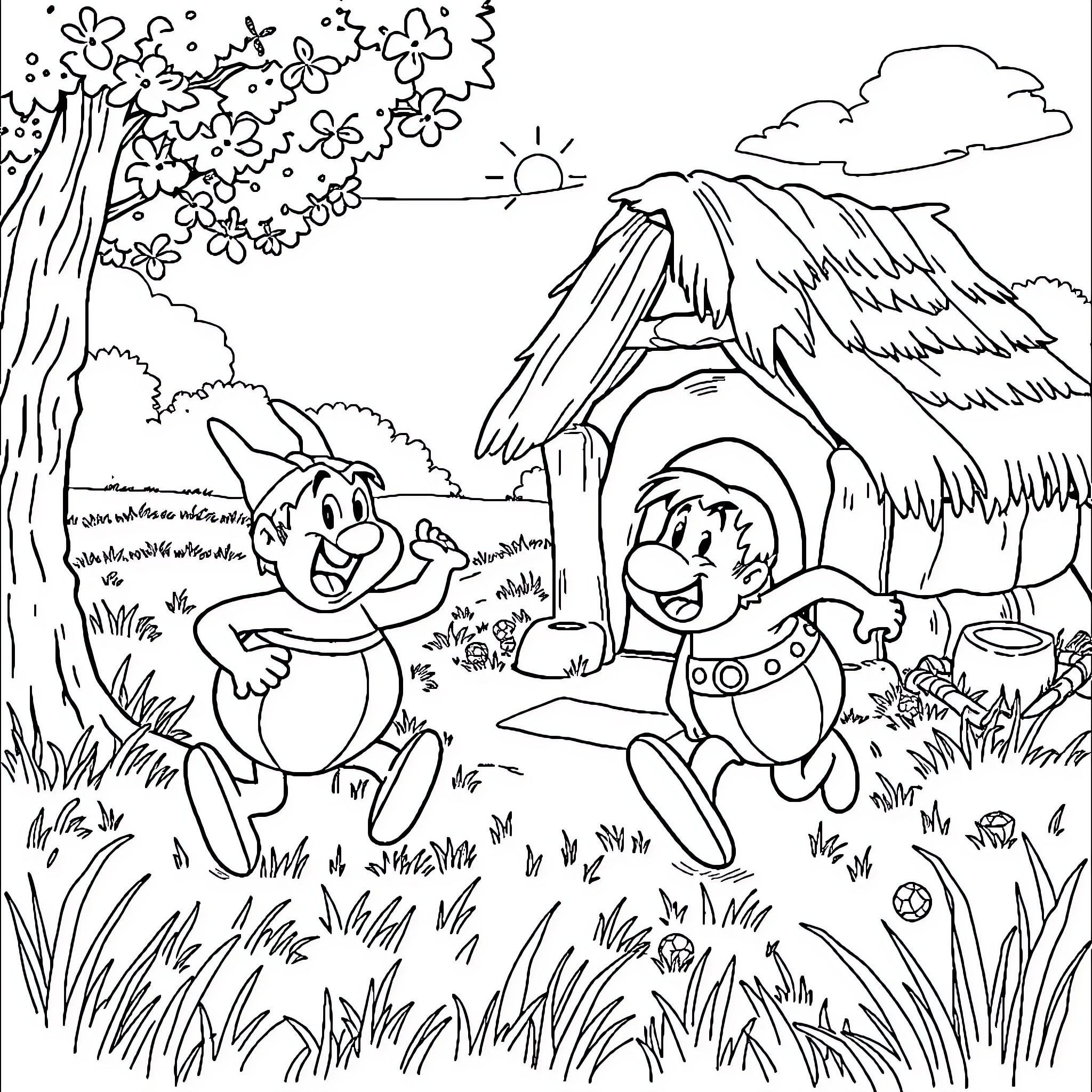 Son playing happily with friend in nature Coloring Page (free black-and-white line drawing printable PDF for all, from beginners to advanced learners, including children, teens, adults, and seniors)