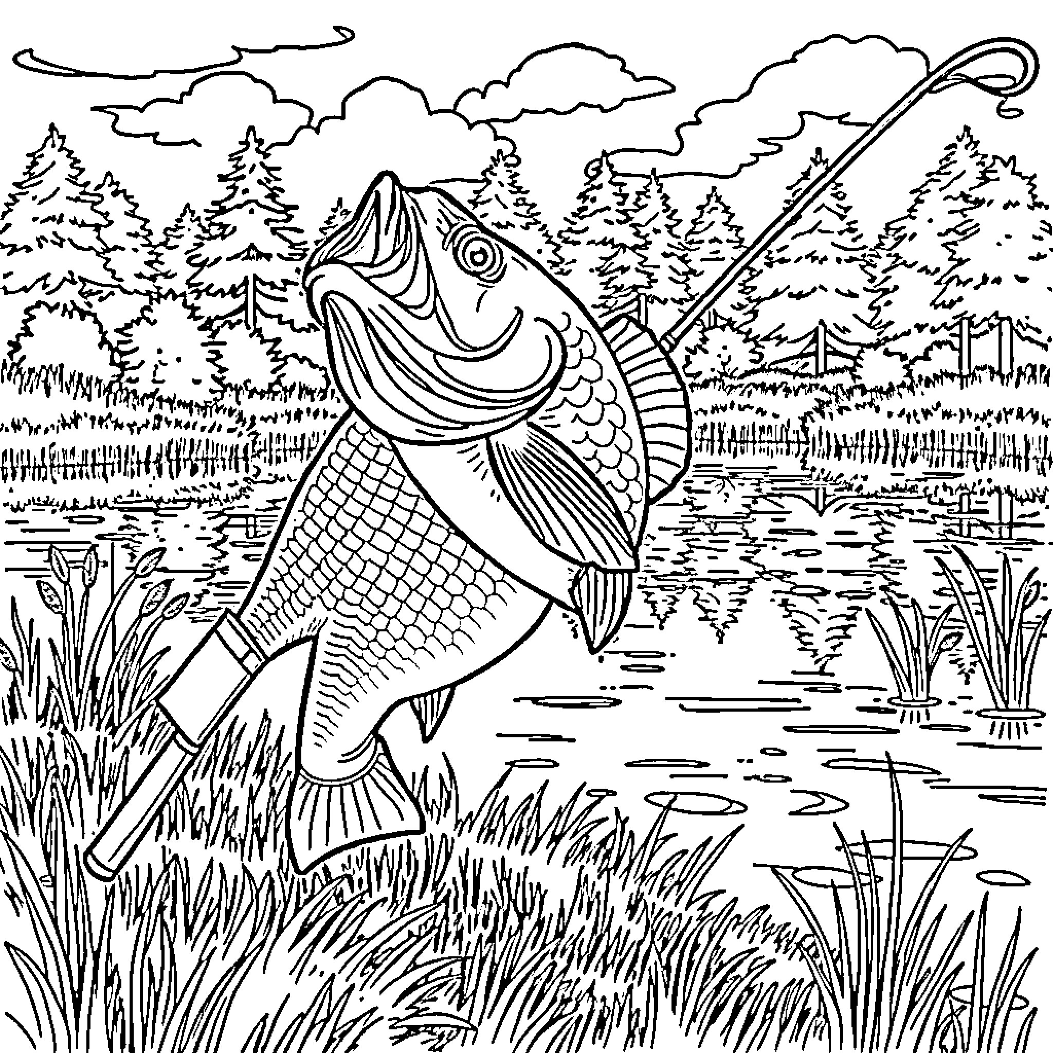 Largemouth Bass Caught in Scenic Wilderness Lake Coloring Page (free black-and-white line drawing printable PDF for all, from beginners to advanced learners, including children, teens, adults, and seniors)