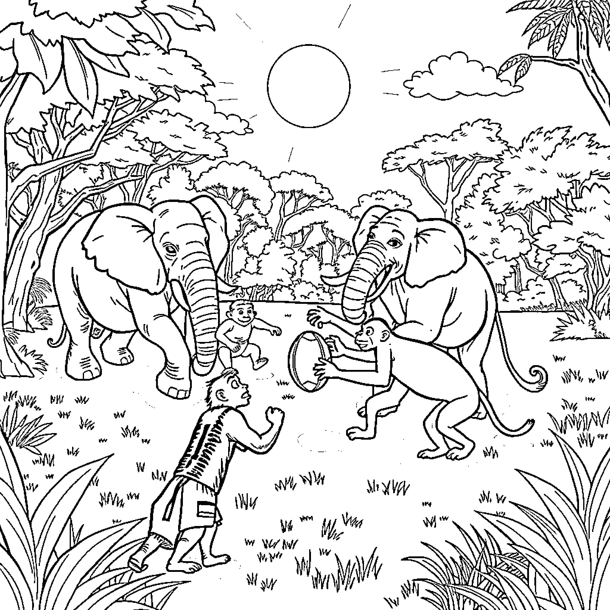Animal Elephants exploring the jungle with people Coloring Page (free black-and-white line drawing printable PDF for all, from beginners to advanced learners, including children, teens, adults, and seniors)