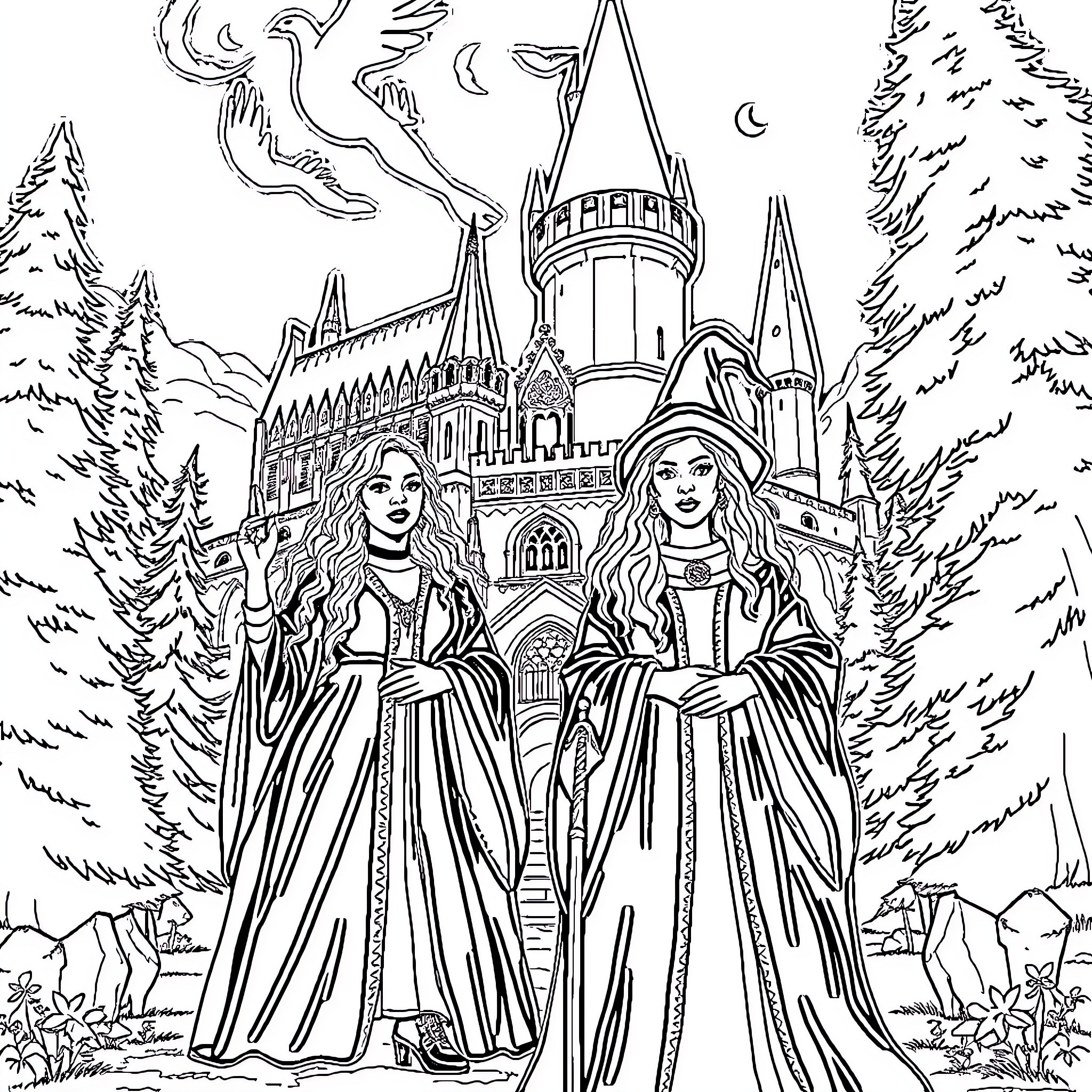 Wizard companions standing before a magical castle Coloring Page (free black-and-white line drawing printable PDF for all, from beginners to advanced learners, including children, teens, adults, and seniors)