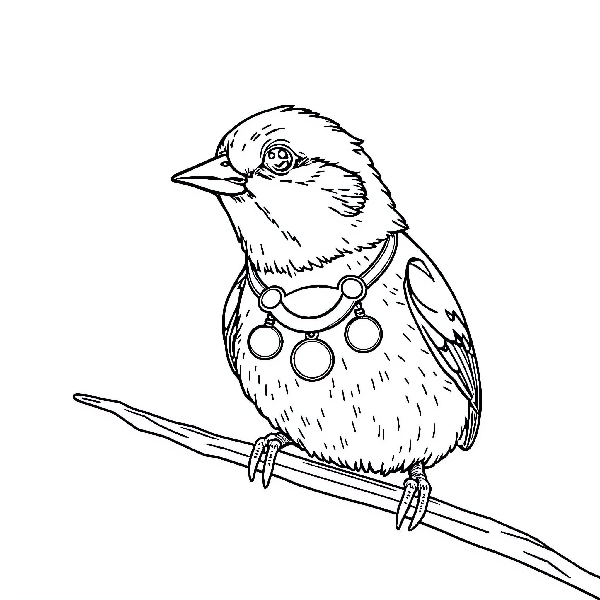 Sparrow adorned with ornamental jewelry Coloring Page (free black-and-white line drawing printable PDF for all, from beginners to advanced learners, including children, teens, adults, and seniors)