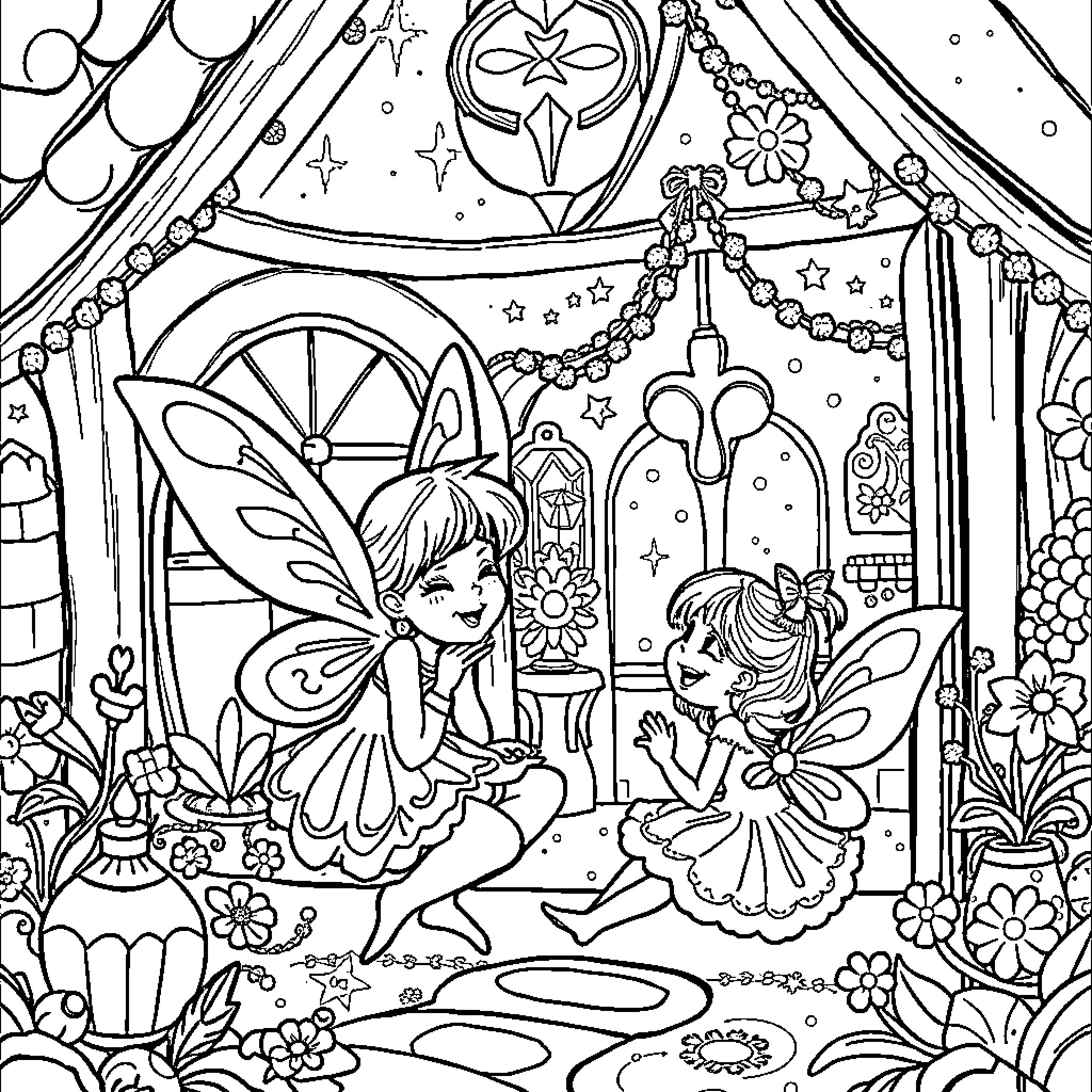 Fairy friends enjoying a whimsical garden gathering Coloring Page (free black-and-white line drawing printable PDF for all, from beginners to advanced learners, including children, teens, adults, and seniors)