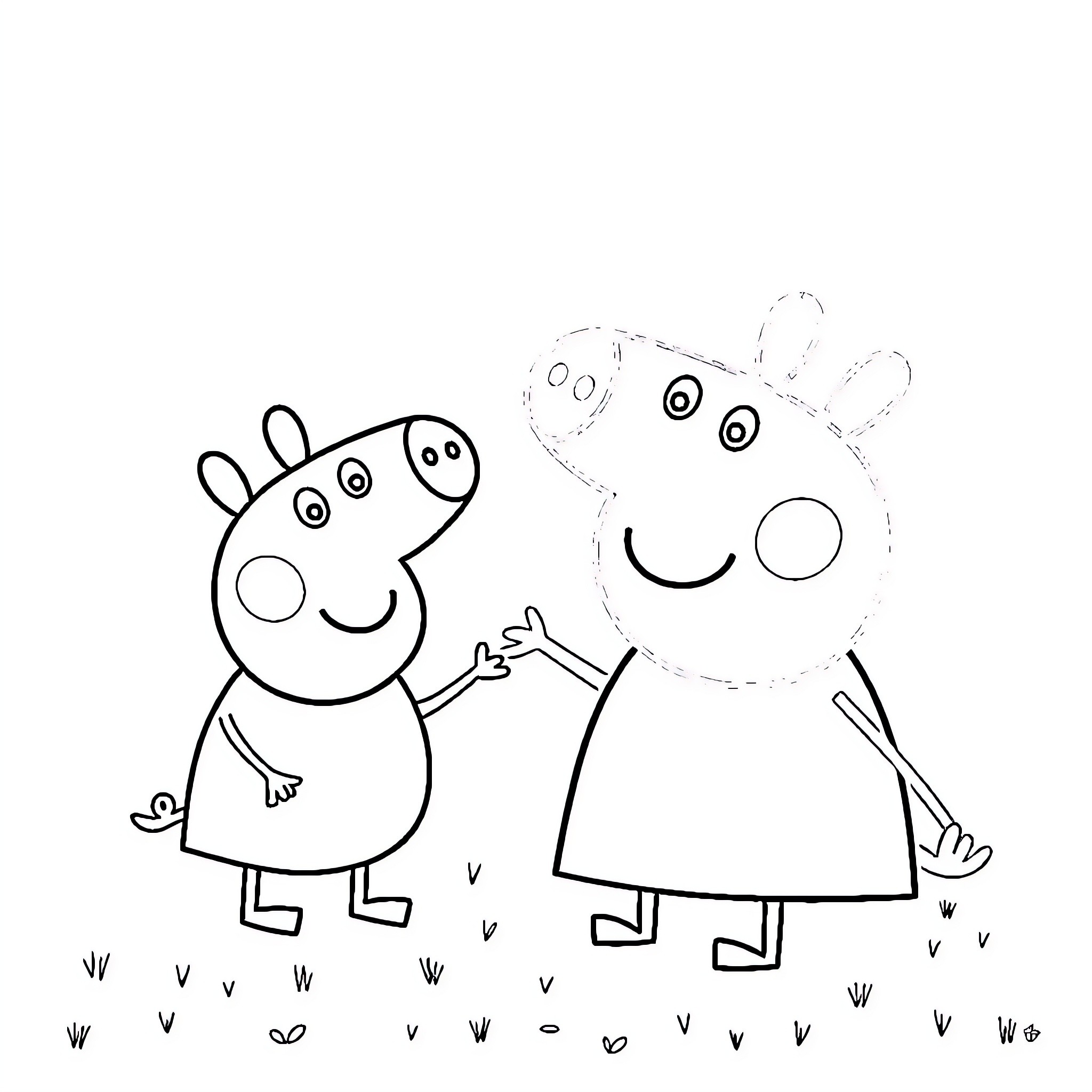 Peppa Pig and friend walking together happily Coloring Page (free black-and-white line drawing printable PDF for all, from beginners to advanced learners, including children, teens, adults, and seniors)