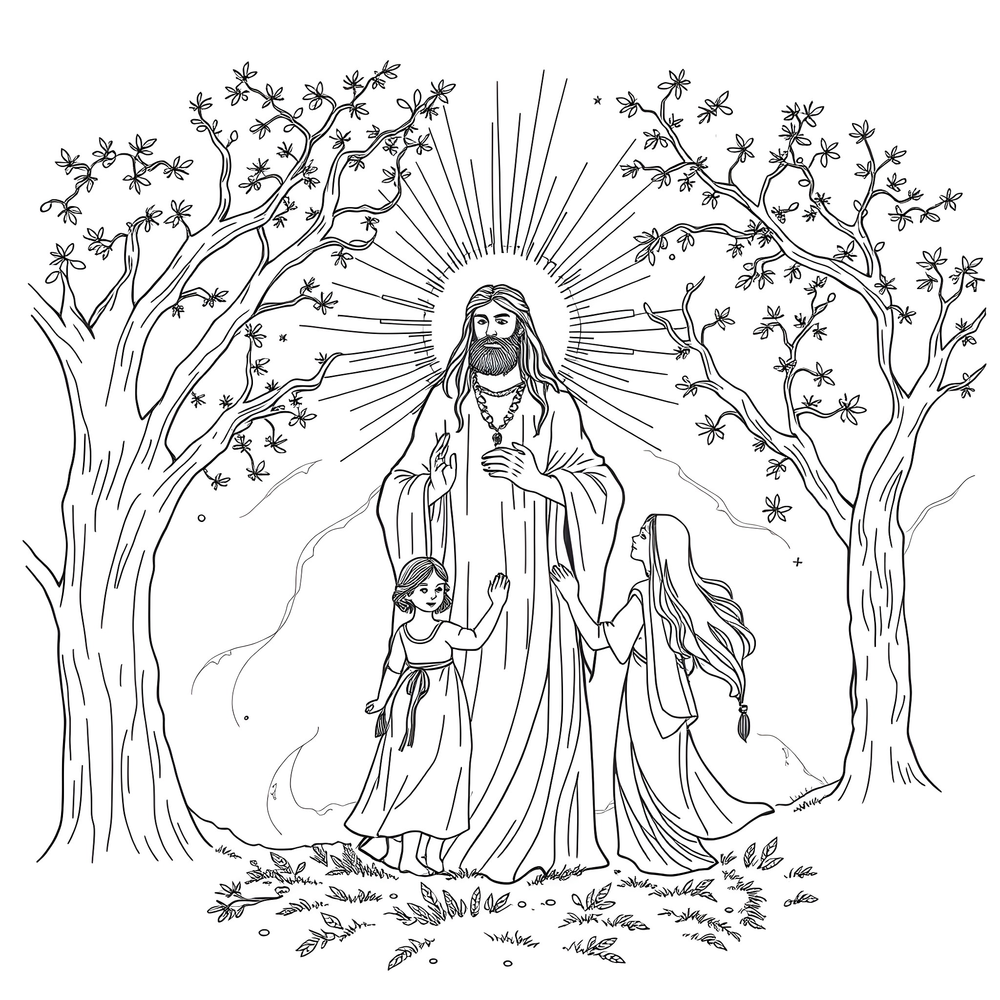 Spirit of light radiating amidst nature's embrace Coloring Page (free black-and-white line drawing printable PDF for all, from beginners to advanced learners, including children, teens, adults, and seniors)