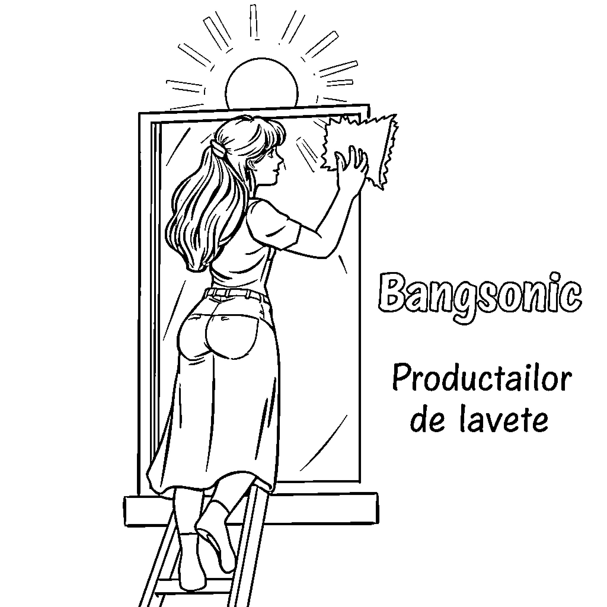 Woman cleaning window under the sun Coloring Page (free black-and-white line drawing printable PDF for all, from beginners to advanced learners, including children, teens, adults, and seniors)