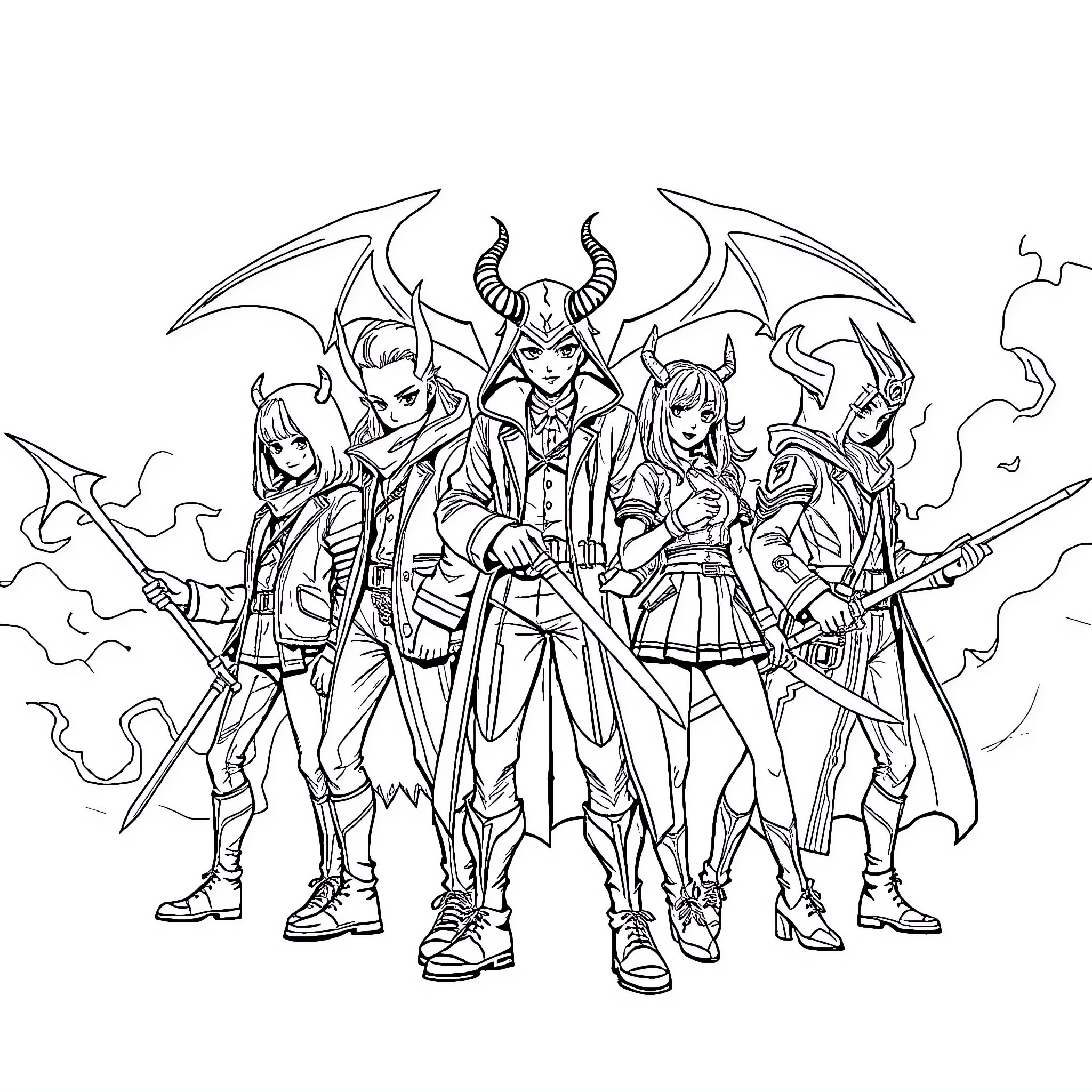 Kpop Demon Hunter: Fierce Warrior Squad in Action Coloring Page (free black-and-white line drawing printable PDF for all, from beginners to advanced learners, including children, teens, adults, and seniors)