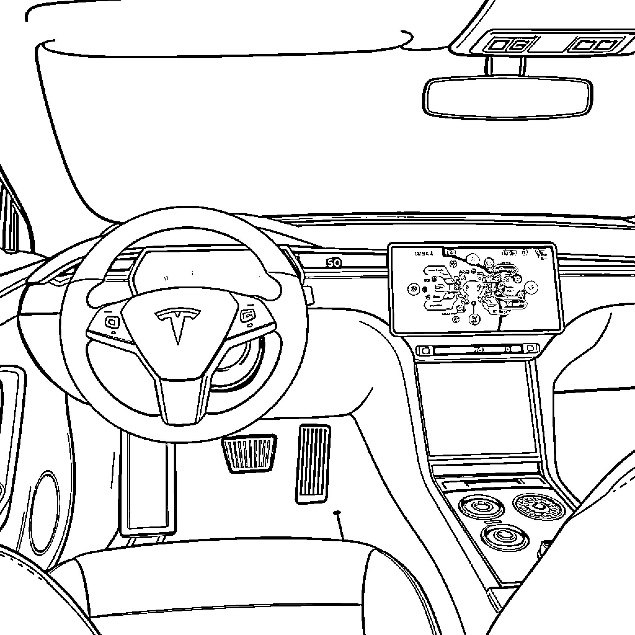 Tesla interior with dashboard controls and touchscreen Coloring Page (free black-and-white line drawing printable PDF for all, from beginners to advanced learners, including children, teens, adults, and seniors)