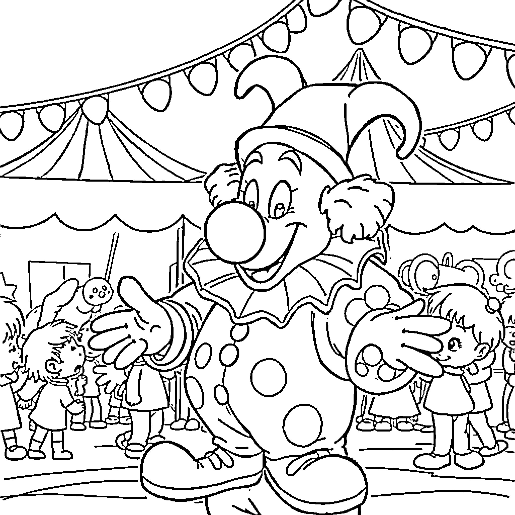 Bumba the Joyful Clown at the Carnival Coloring Page (free black-and-white line drawing printable PDF for all, from beginners to advanced learners, including children, teens, adults, and seniors)