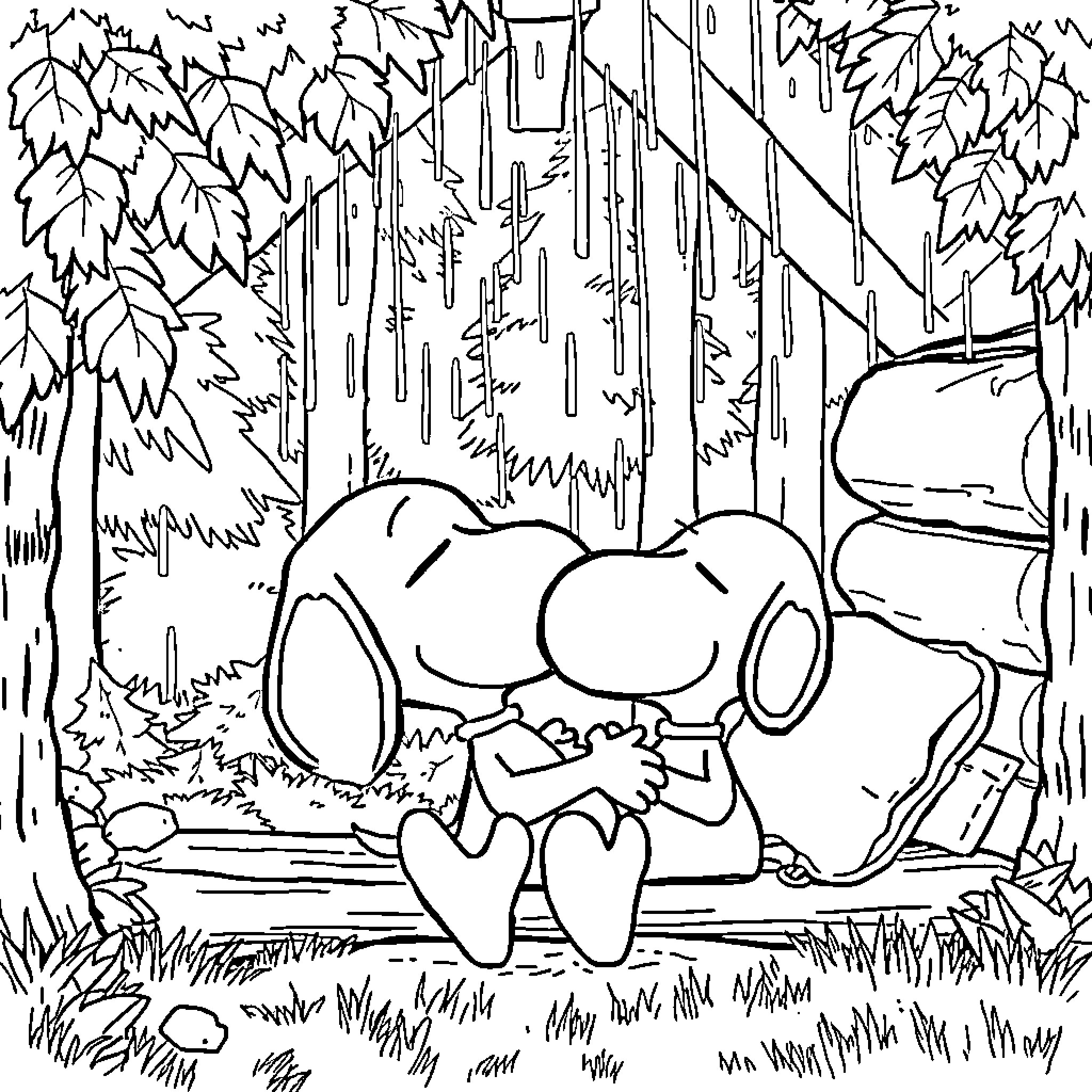 Snoopy relaxing in a peaceful forest Coloring Page (free black-and-white line drawing printable PDF for all, from beginners to advanced learners, including children, teens, adults, and seniors)