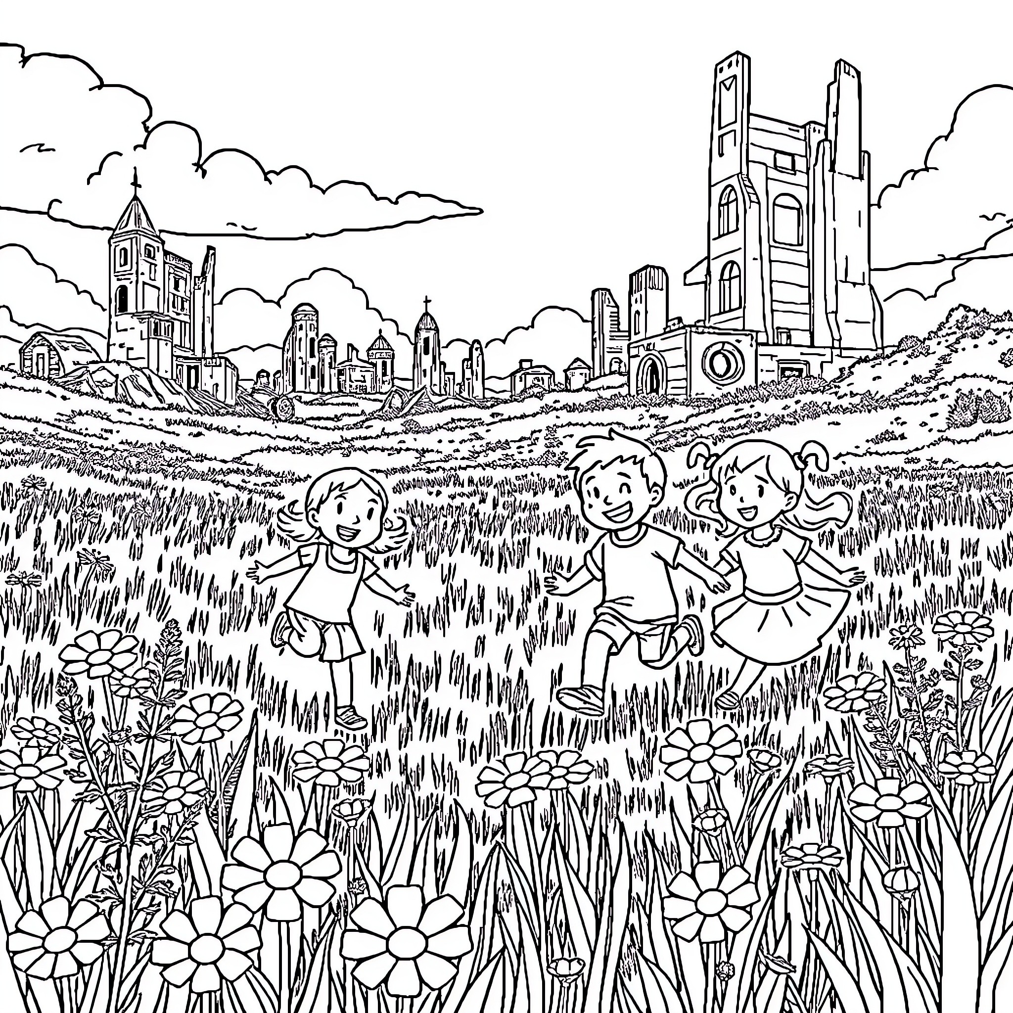 Kid playing joyfully in a lush field with cityscape Coloring Page (free black-and-white line drawing printable PDF for all, from beginners to advanced learners, including children, teens, adults, and seniors)
