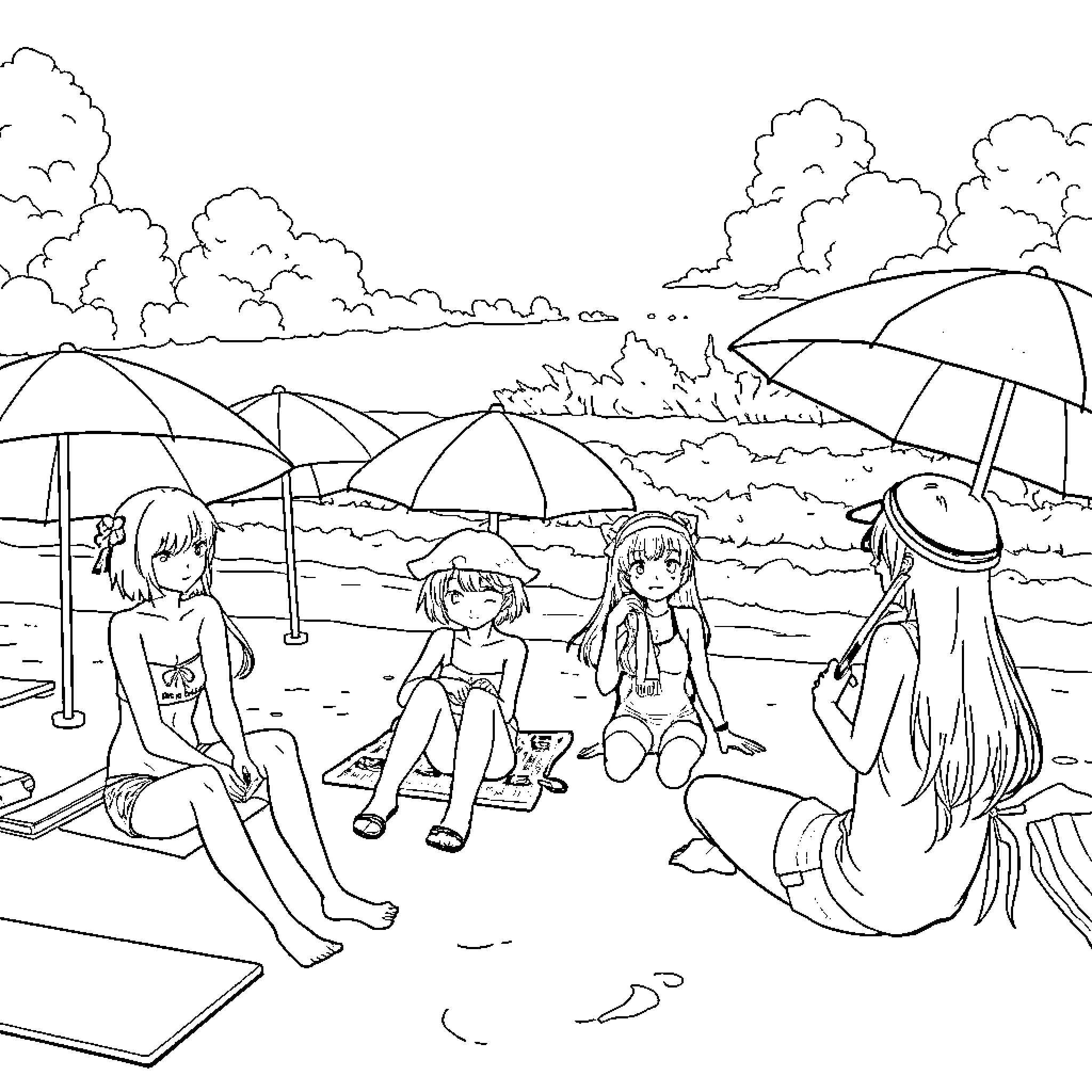 Anime Girls Relaxing on the Beach Coloring Page (free black-and-white line drawing printable PDF for all, from beginners to advanced learners, including children, teens, adults, and seniors)