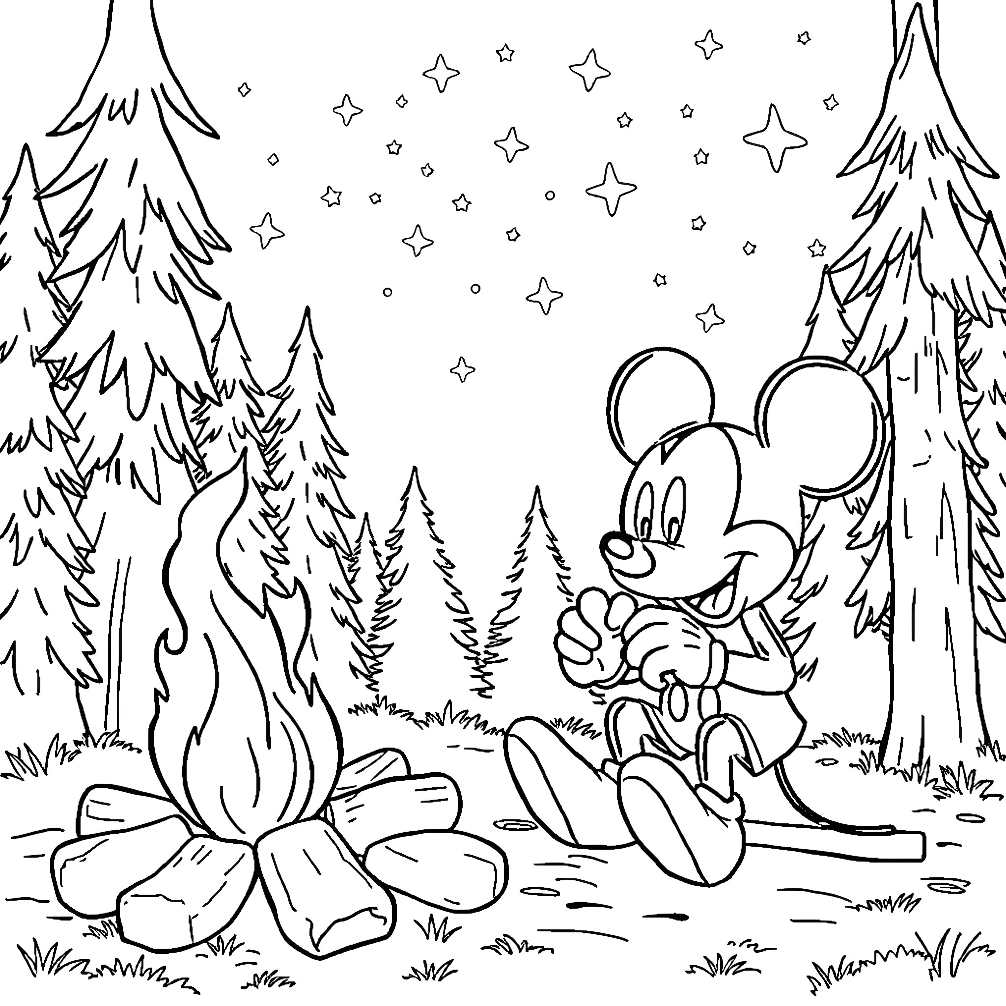 Mickey Mouse enjoying a snowy forest scene Coloring Page (free black-and-white line drawing printable PDF for all, from beginners to advanced learners, including children, teens, adults, and seniors)