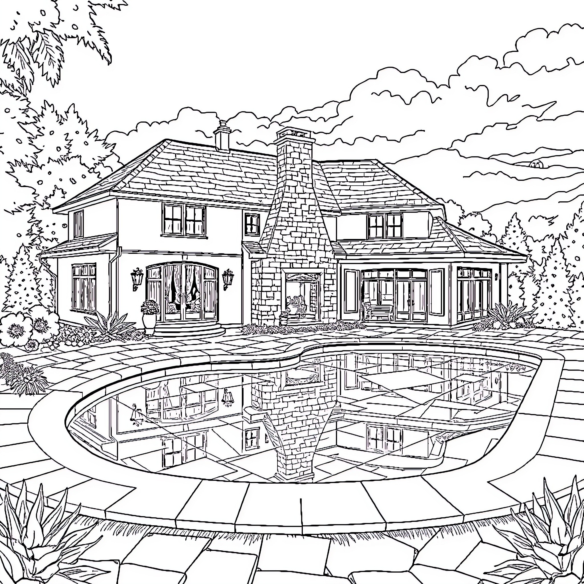House with reflection in pool and surrounding nature Coloring Page (free black-and-white line drawing printable PDF for all, from beginners to advanced learners, including children, teens, adults, and seniors)
