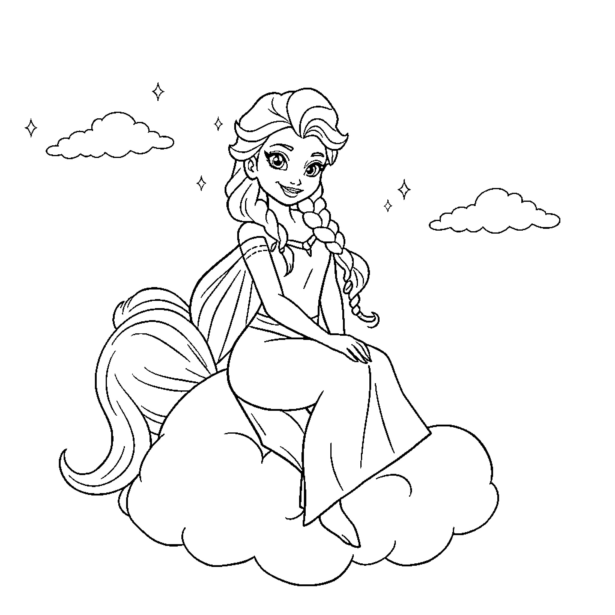 Elsa sitting on clouds and gazing at the stars Coloring Page (free black-and-white line drawing printable PDF for all, from beginners to advanced learners, including children, teens, adults, and seniors)