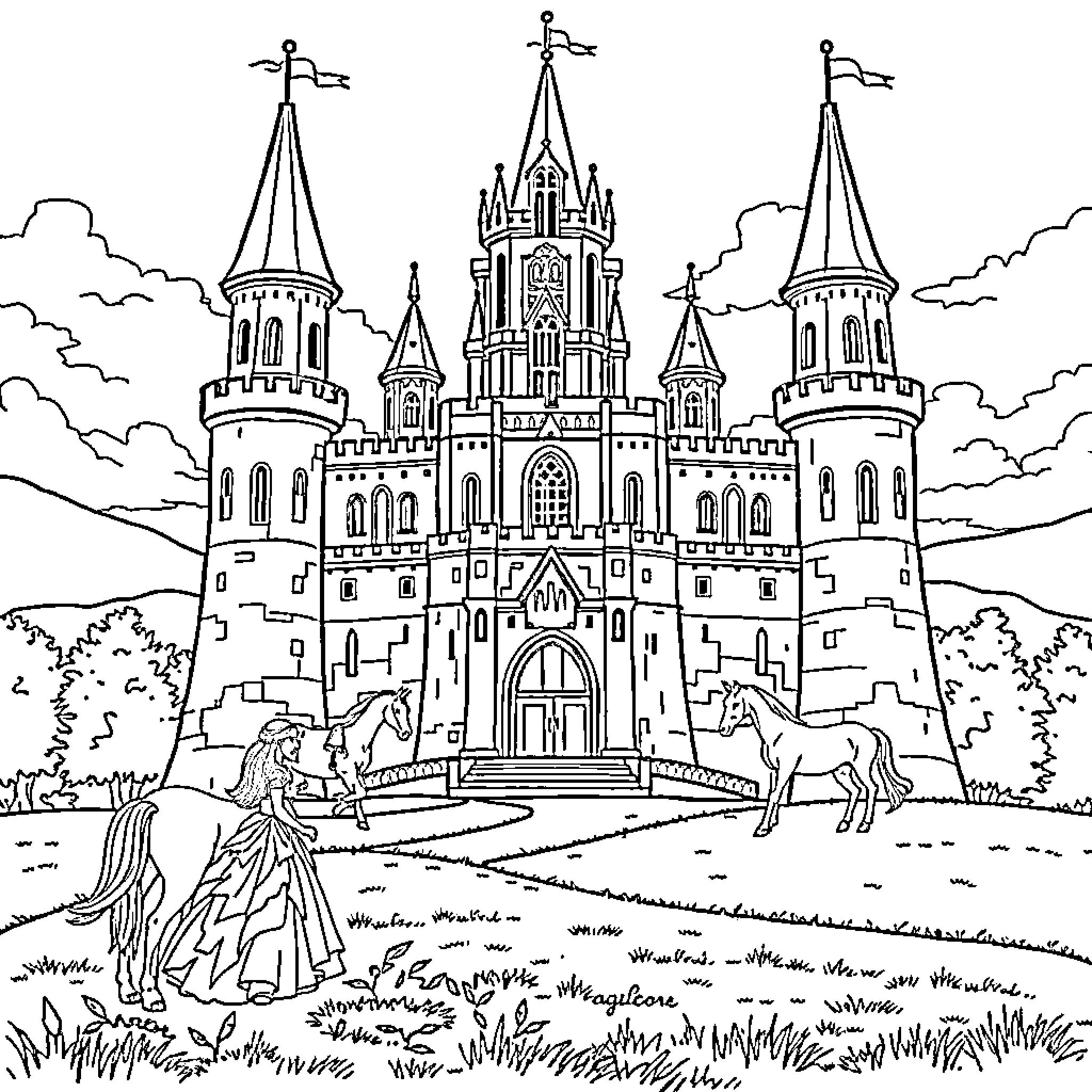 Castle with majestic towers and regal characters Coloring Page (free black-and-white line drawing printable PDF for all, from beginners to advanced learners, including children, teens, adults, and seniors)