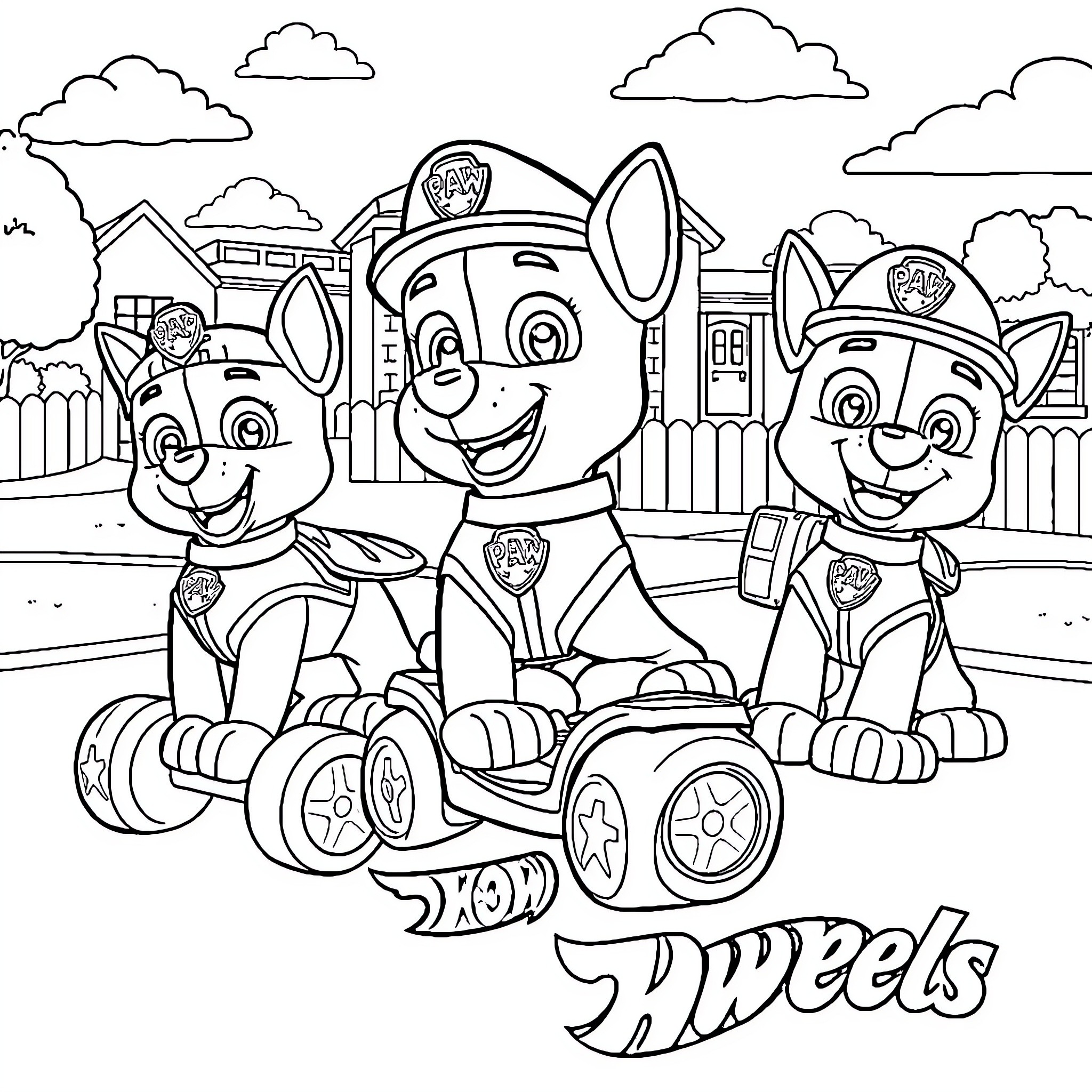Paw Patrol Pups Race on Hot Wheels Cars Coloring Page (free black-and-white line drawing printable PDF for all, from beginners to advanced learners, including children, teens, adults, and seniors)