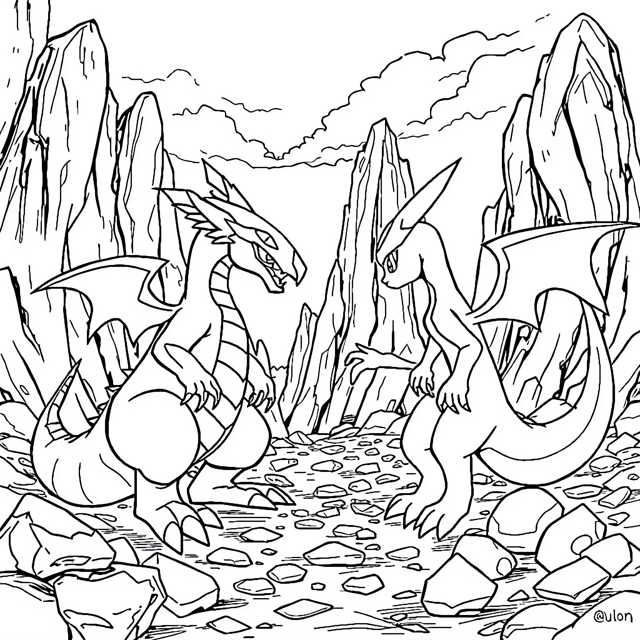 Dracofeu's Majestic Encounter in the Rocky Terrain Coloring Page (free black-and-white line drawing printable PDF for all, from beginners to advanced learners, including children, teens, adults, and seniors)