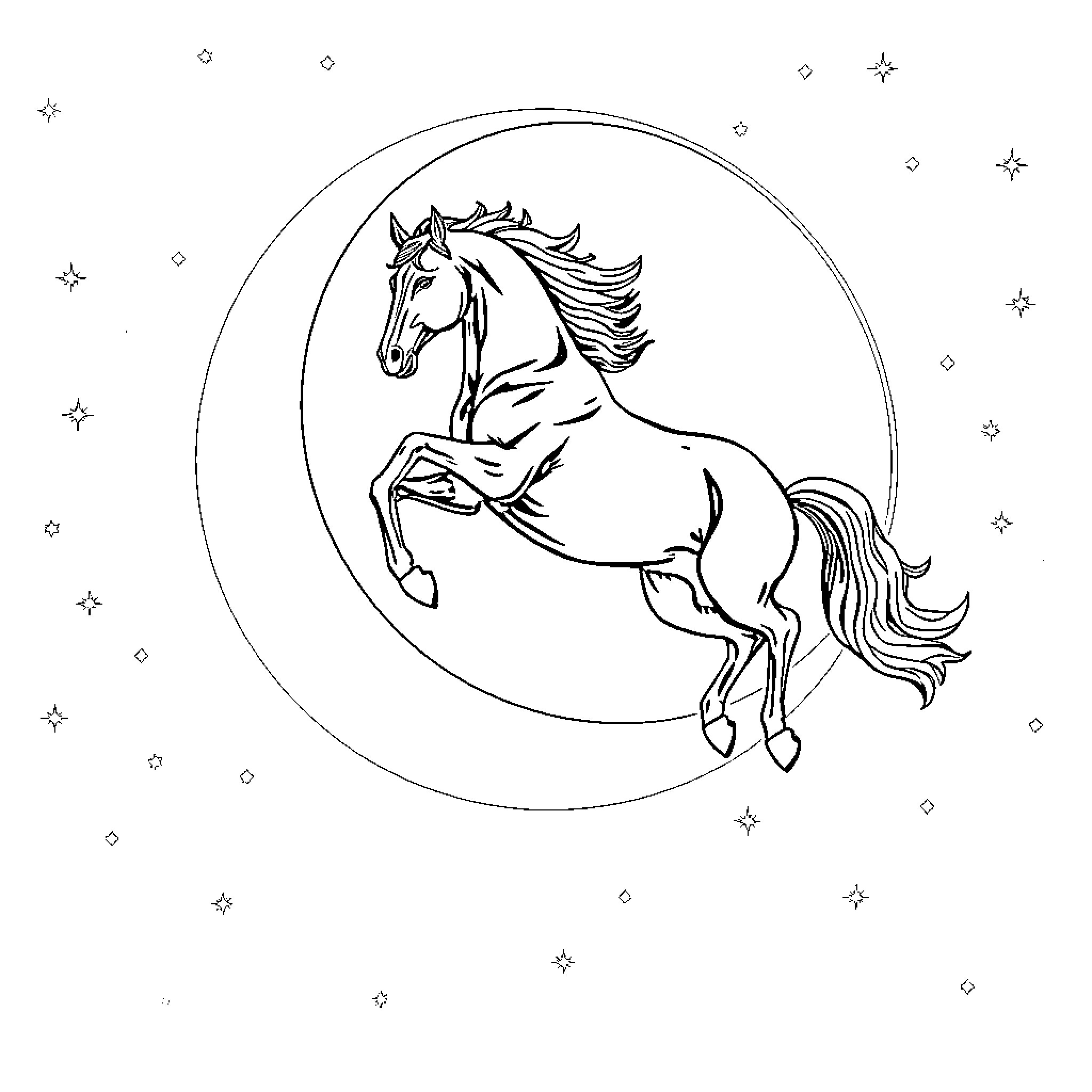 Horse rearing up in starry night sky Coloring Page (free black-and-white line drawing printable PDF for all, from beginners to advanced learners, including children, teens, adults, and seniors)