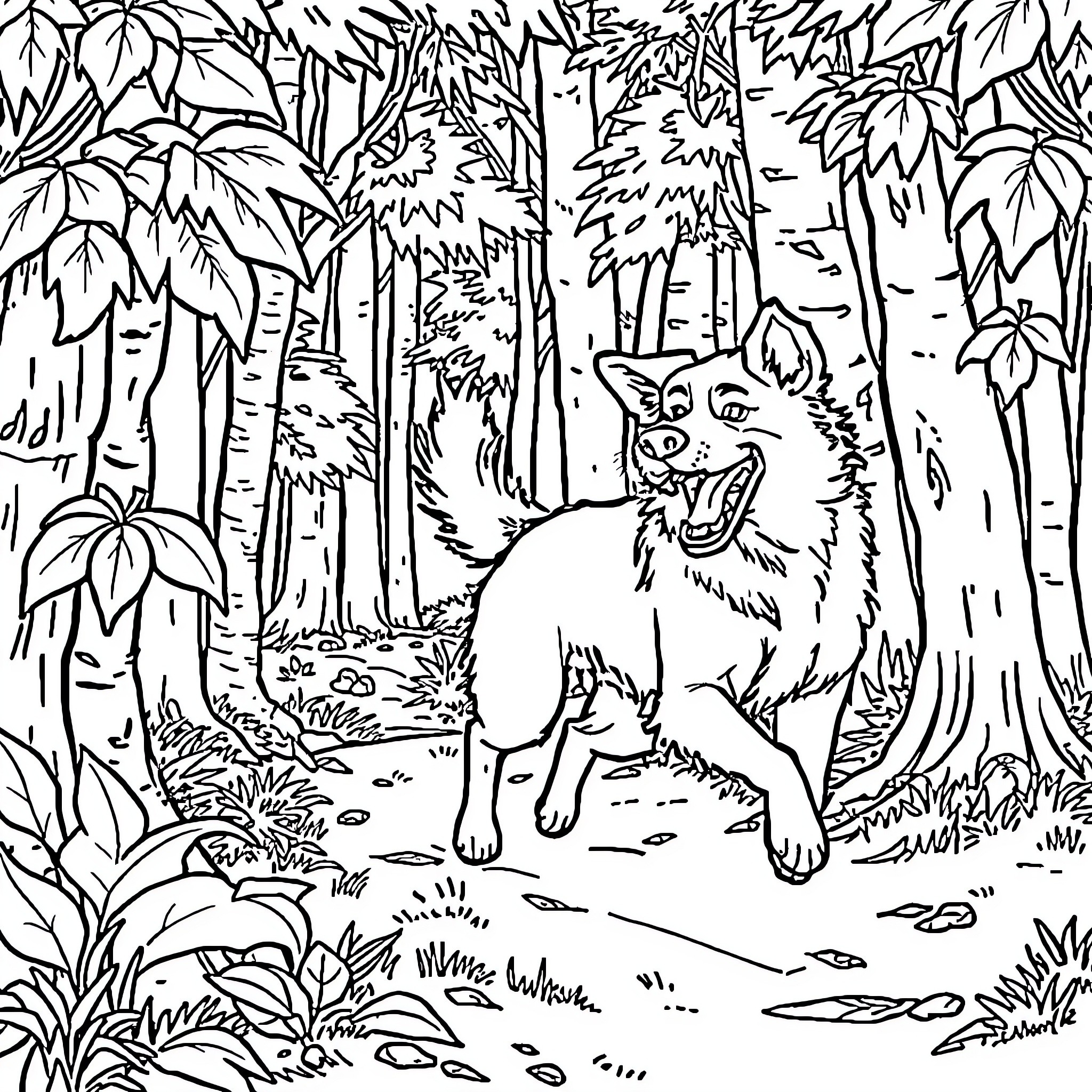 Dog Exploring the Enchanted Forest Coloring Page (free black-and-white line drawing printable PDF for all, from beginners to advanced learners, including children, teens, adults, and seniors)