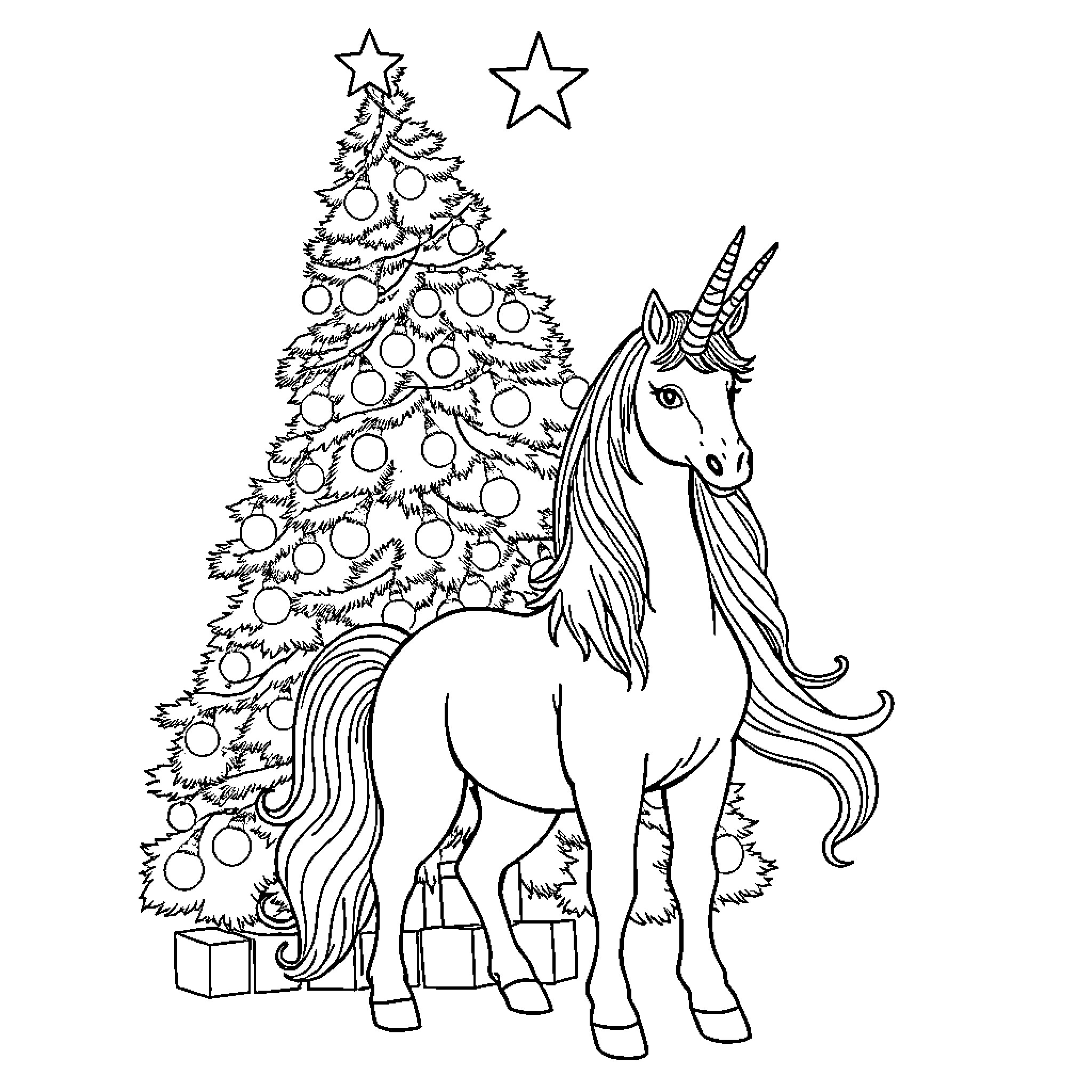 Unicorn Celebrating Christmas with Decorated Tree Coloring Page (free black-and-white line drawing printable PDF for all, from beginners to advanced learners, including children, teens, adults, and seniors)