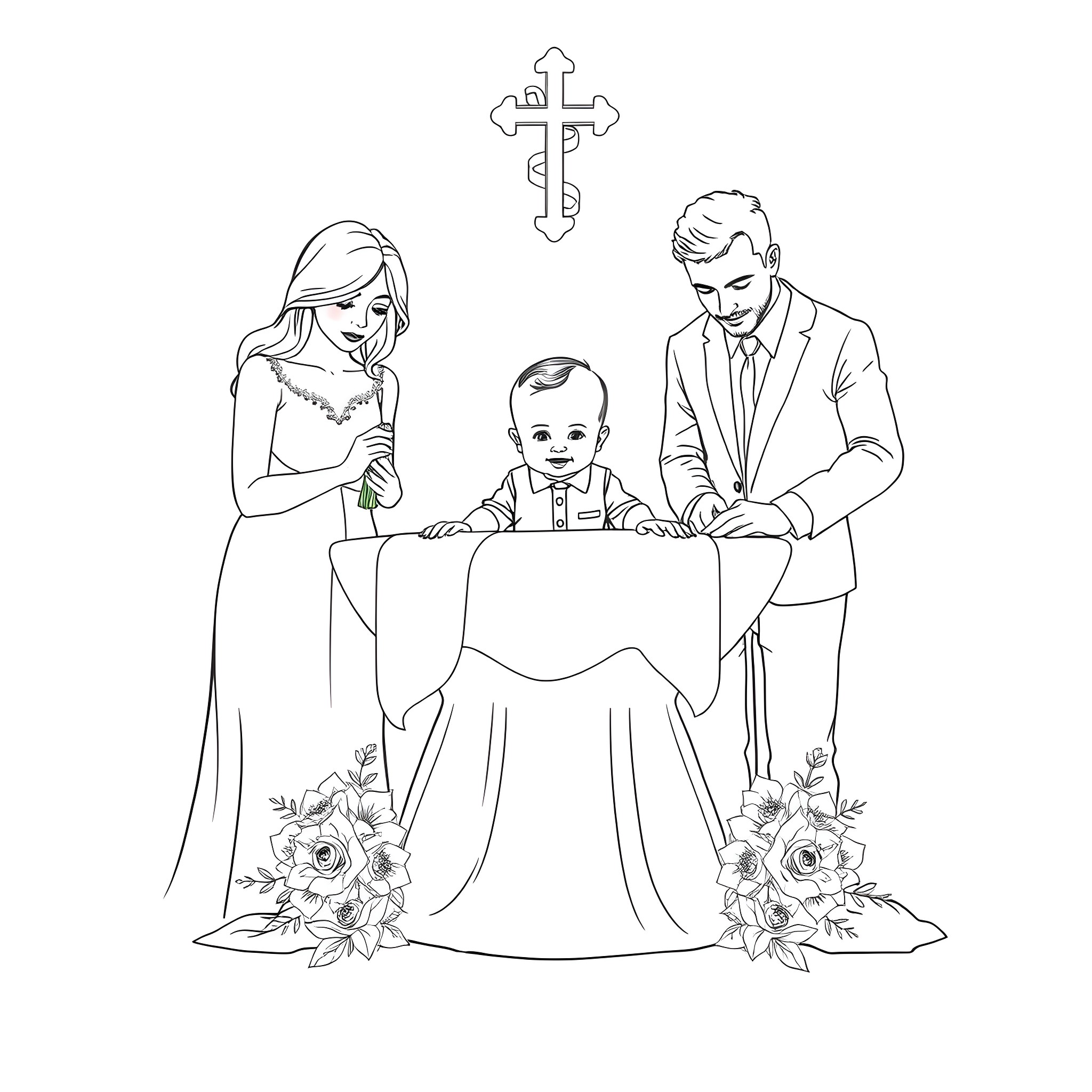 Baby Boy Christening Ceremony with Parents Coloring Page (free black-and-white line drawing printable PDF for all, from beginners to advanced learners, including children, teens, adults, and seniors)