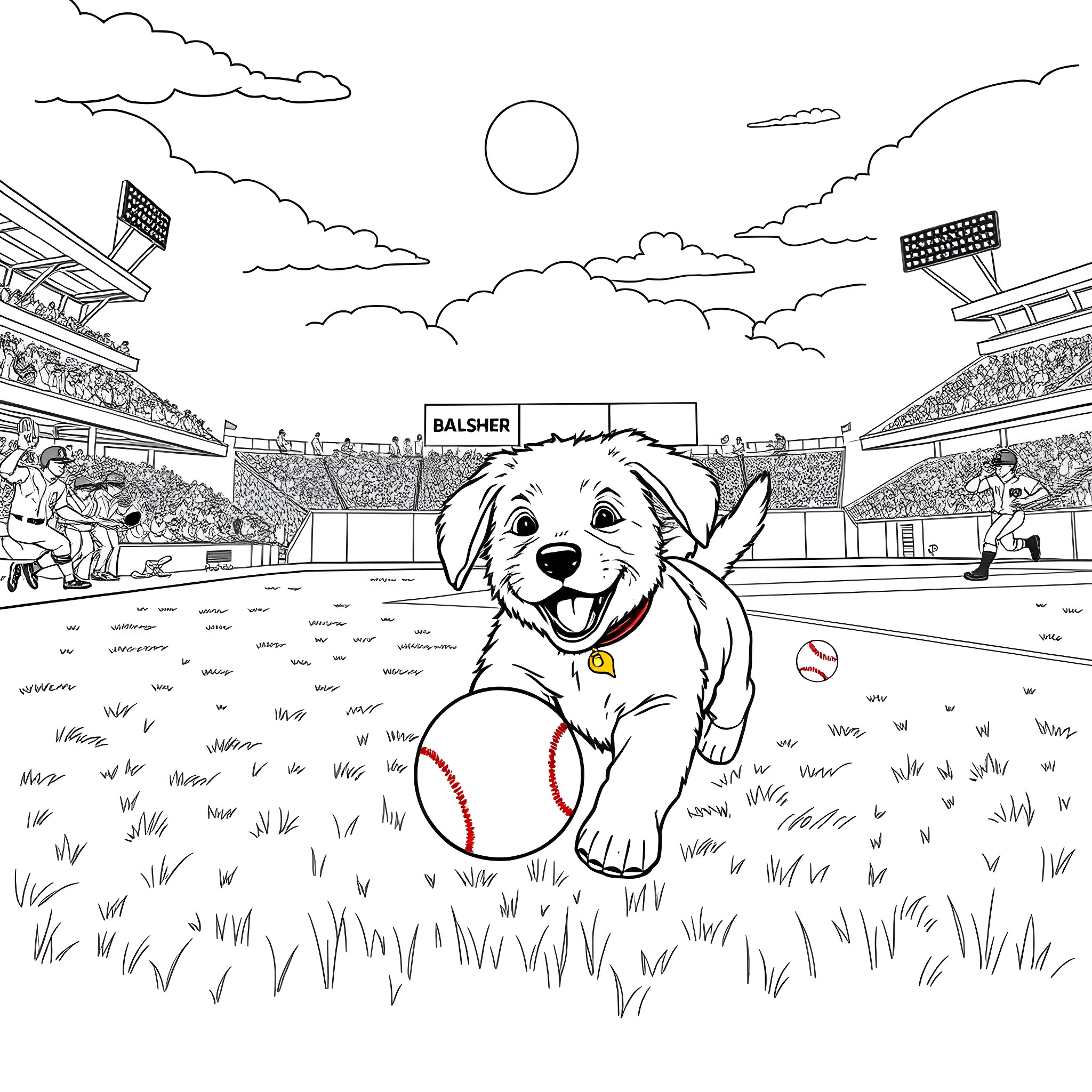 Puppy having fun on the baseball field Coloring Page (free black-and-white line drawing printable PDF for all, from beginners to advanced learners, including children, teens, adults, and seniors)