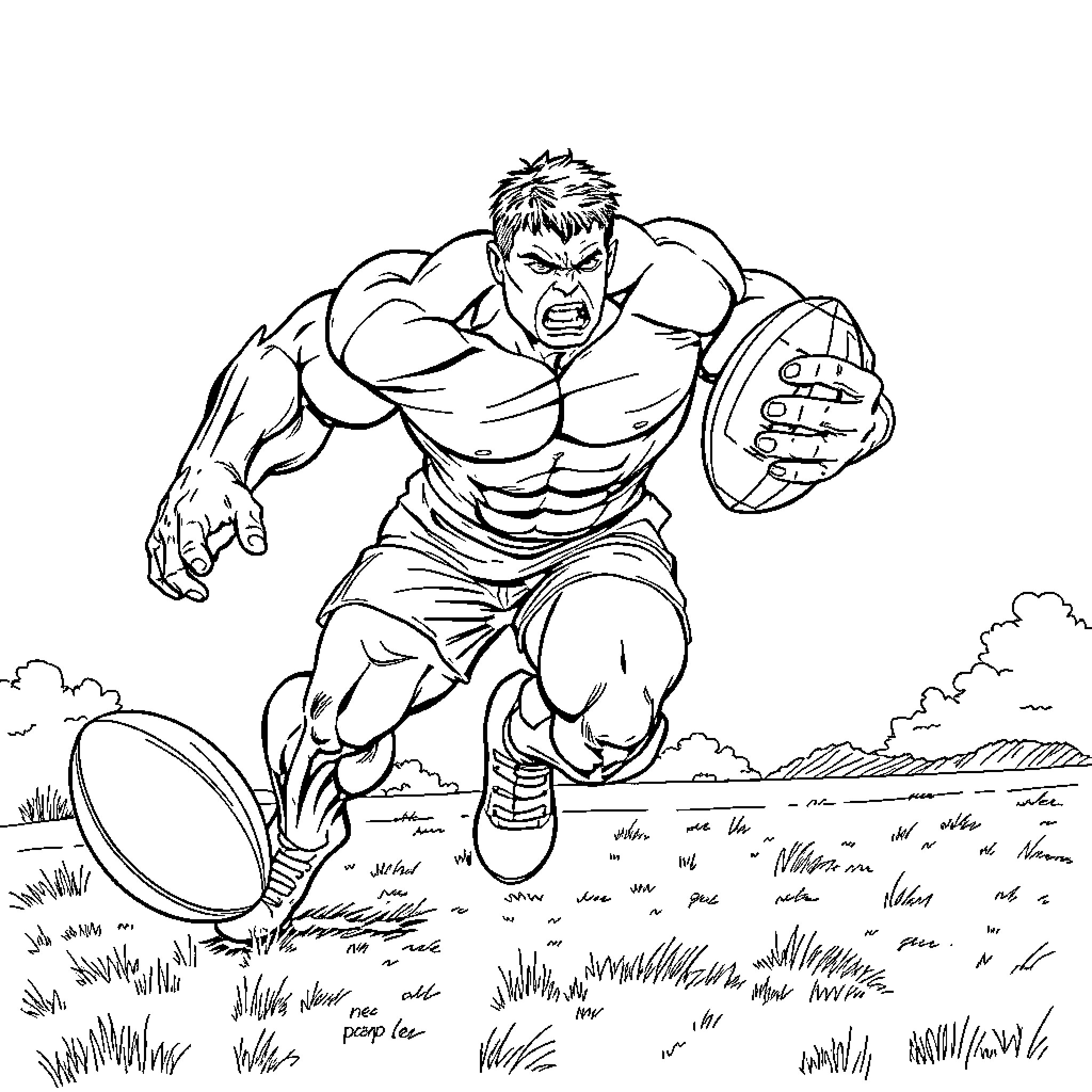 Hulk rushing with determination across the field Coloring Page (free black-and-white line drawing printable PDF for all, from beginners to advanced learners, including children, teens, adults, and seniors)