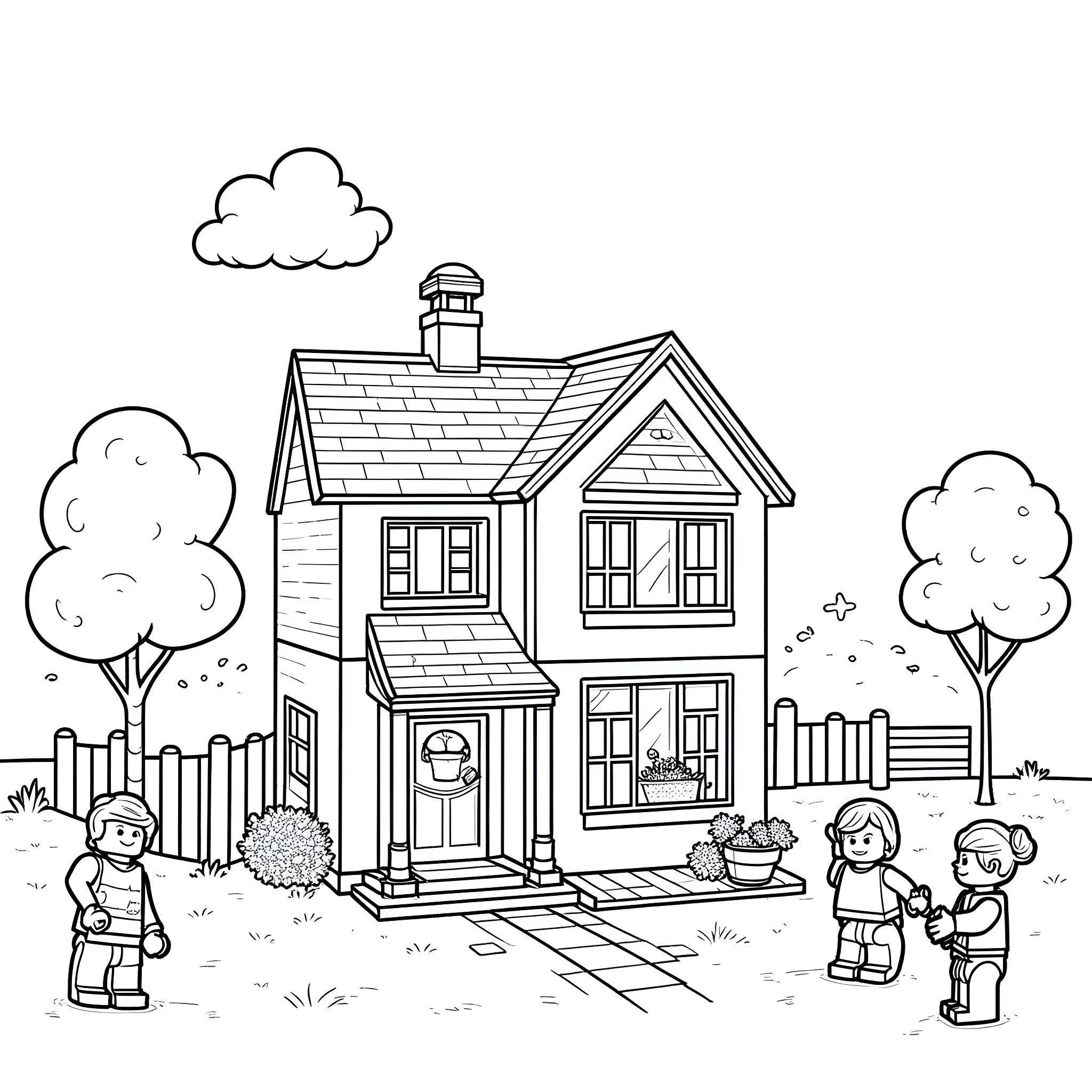 LEGO Family Playing Outside Their House Coloring Page (free black-and-white line drawing printable PDF for all, from beginners to advanced learners, including children, teens, adults, and seniors)