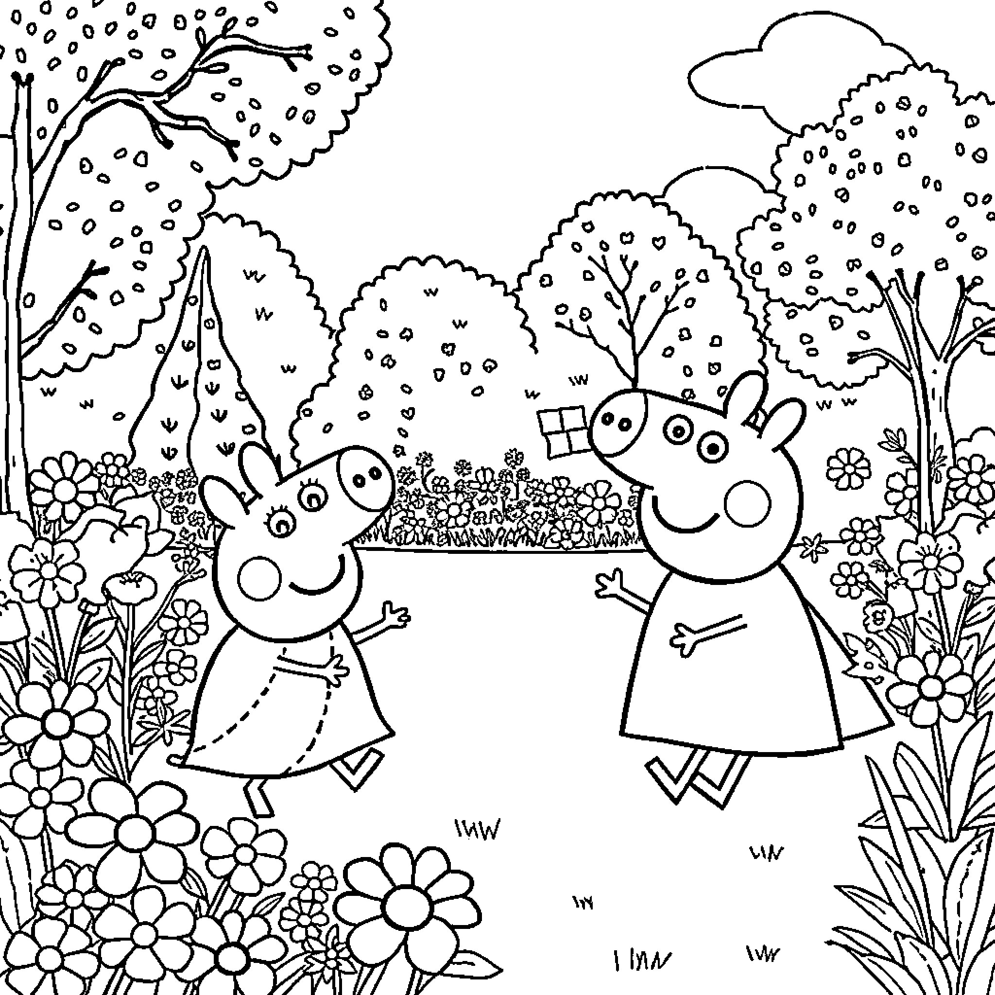 Peppa Pig and friends explore the enchanting garden Coloring Page (free black-and-white line drawing printable PDF for all, from beginners to advanced learners, including children, teens, adults, and seniors)