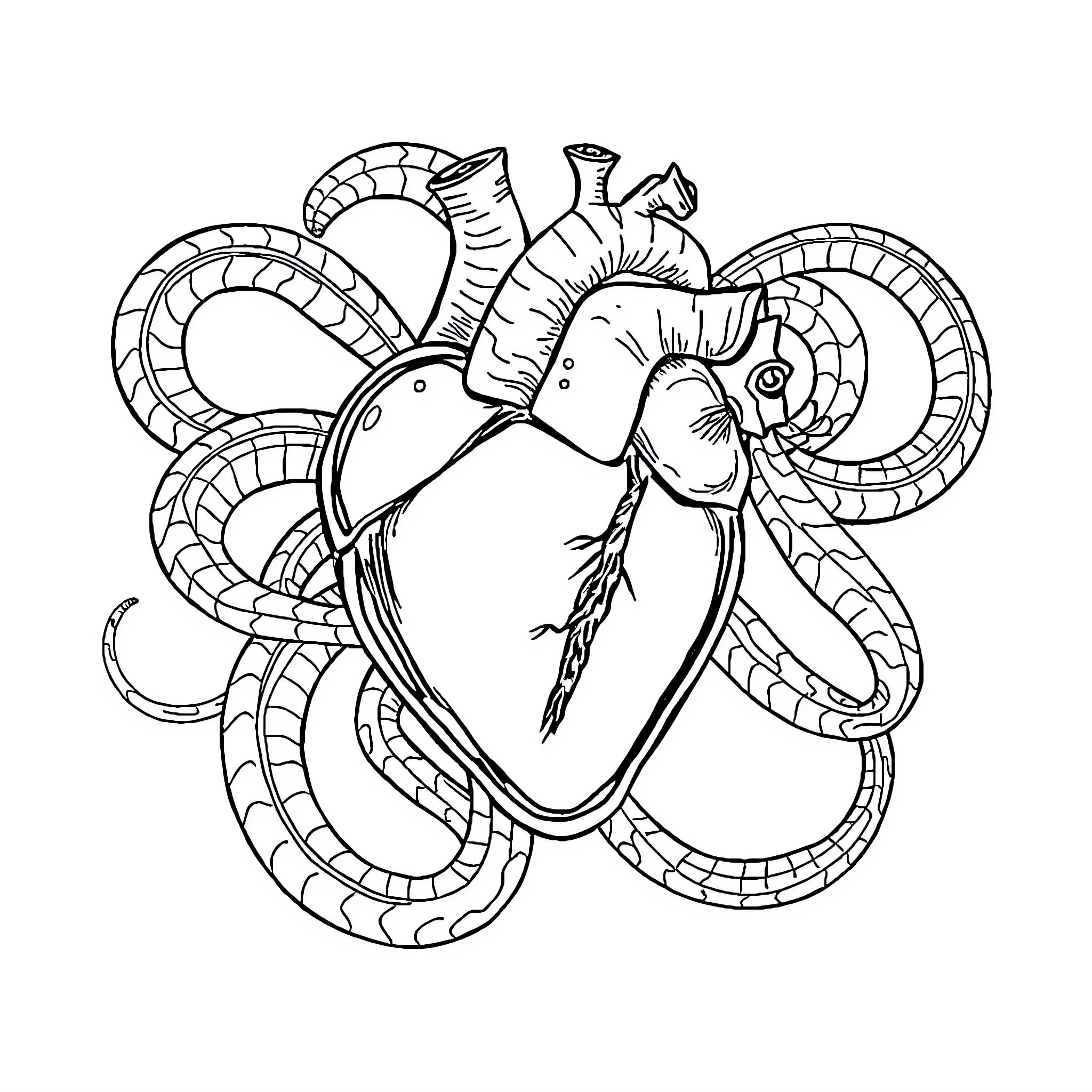 Heart's Anatomical Illusion Coloring Page (free black-and-white line drawing printable PDF for all, from beginners to advanced learners, including children, teens, adults, and seniors)