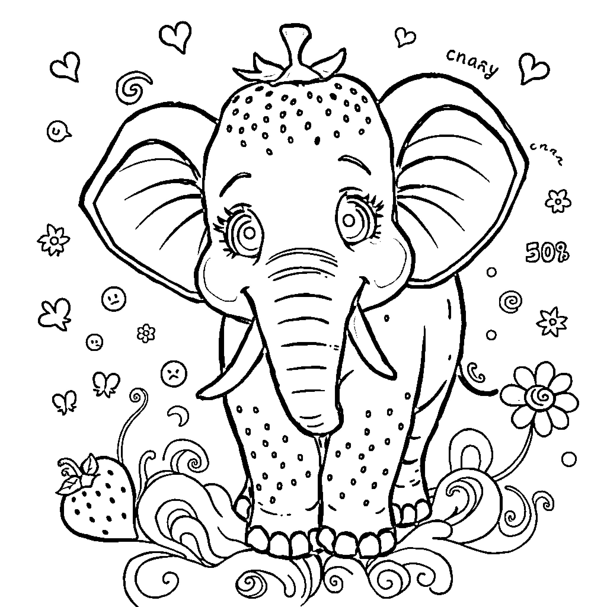 Strawberry Elephant playing with butterflies and flowers Coloring Page (free black-and-white line drawing printable PDF for all, from beginners to advanced learners, including children, teens, adults, and seniors)