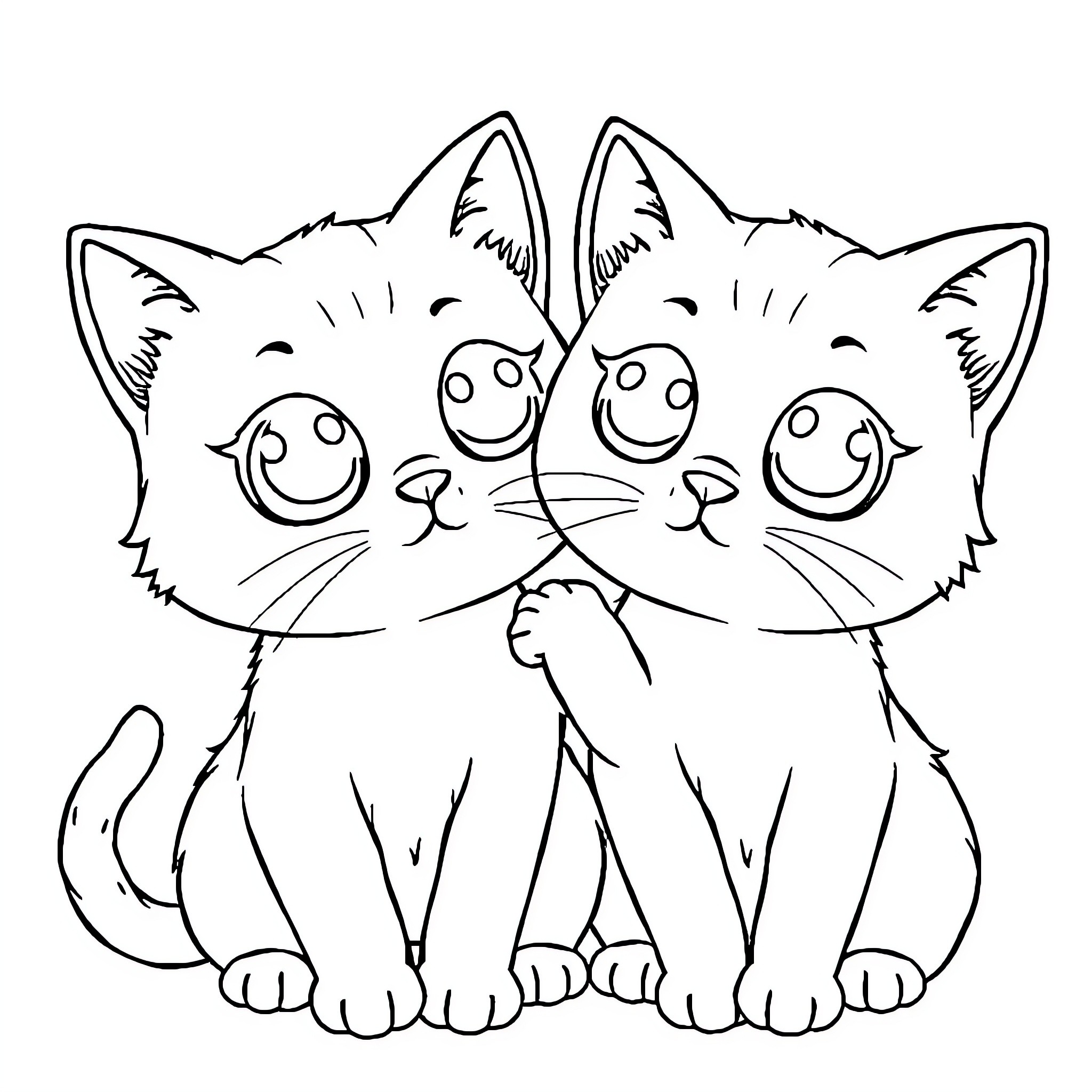 Cat friends sharing a smile Coloring Page (free black-and-white line drawing printable PDF for all, from beginners to advanced learners, including children, teens, adults, and seniors)