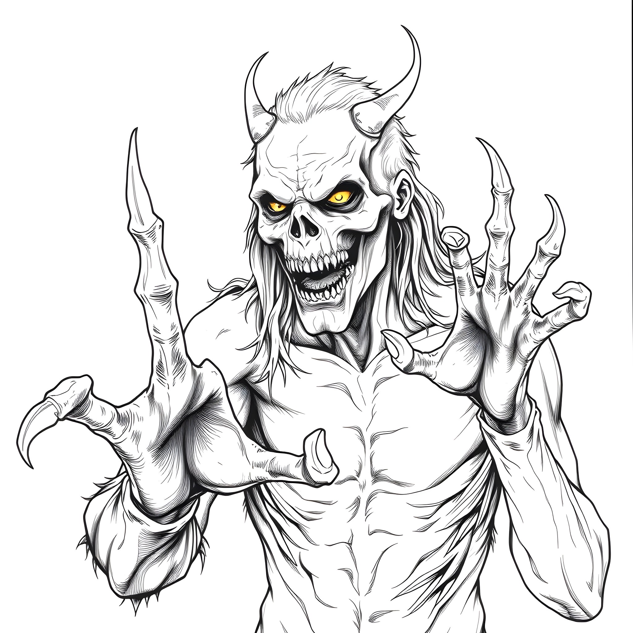Wendigo's Ghastly Appearance and Menacing Pose Coloring Page (free black-and-white line drawing printable PDF for all, from beginners to advanced learners, including children, teens, adults, and seniors)